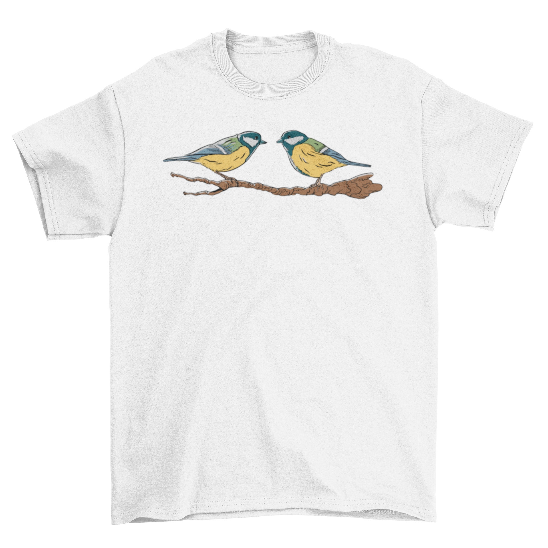 Cute t-shirt featuring two tit birds sitting on a twig, showcasing vibrant colors and intricate details.