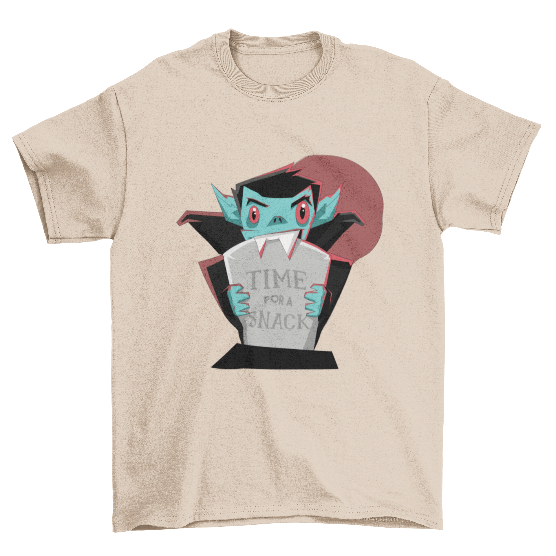 A cute vampire character holding a tombstone with the quote 'Time for a Snack', perfect for Halloween decorations.