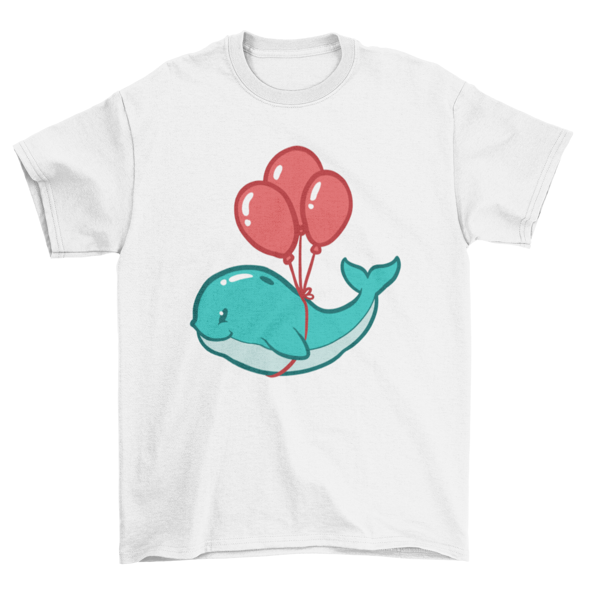 Cute kawaii whale illustration on a t-shirt, surrounded by colorful balloons.