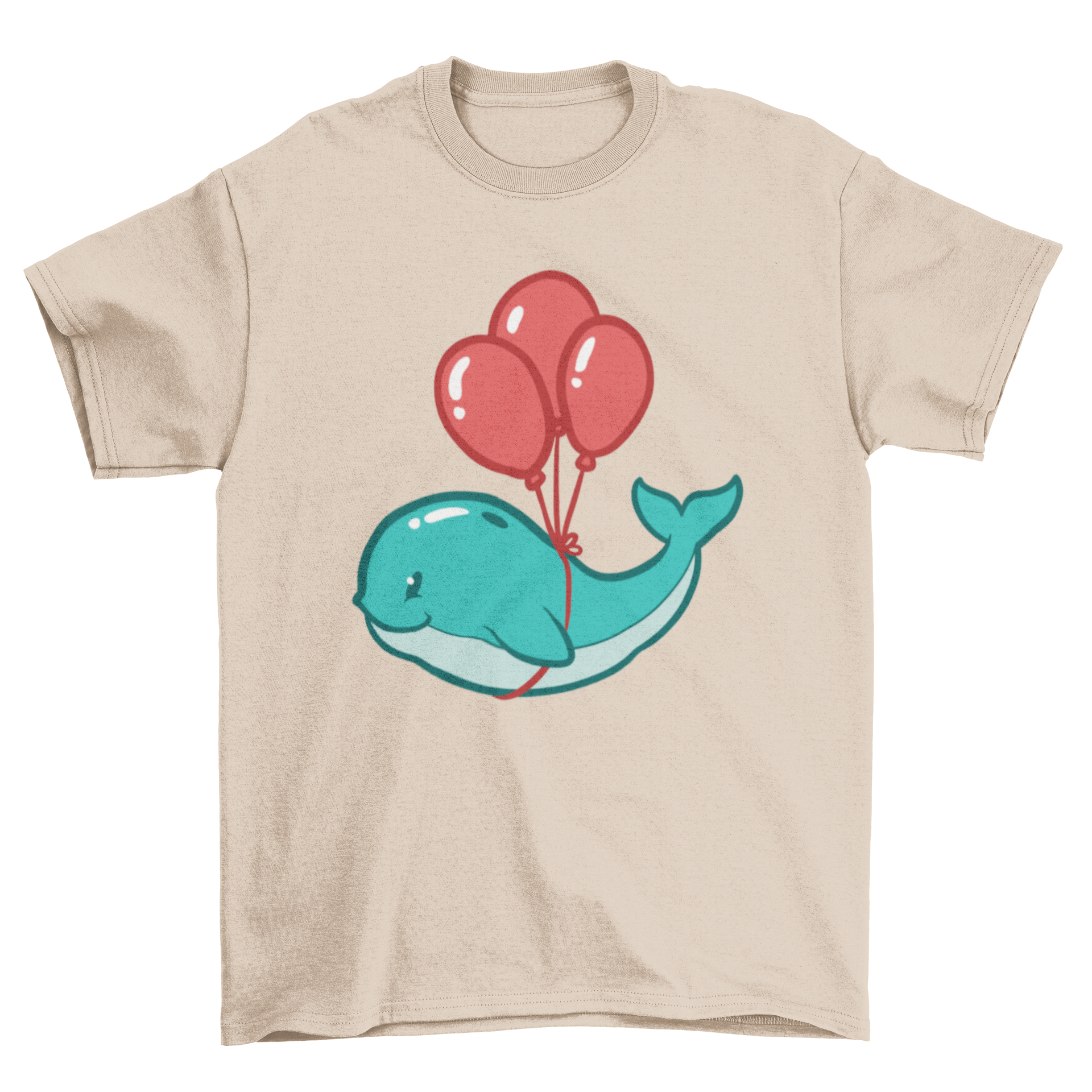 Cute kawaii whale illustration on a t-shirt, surrounded by colorful balloons.
