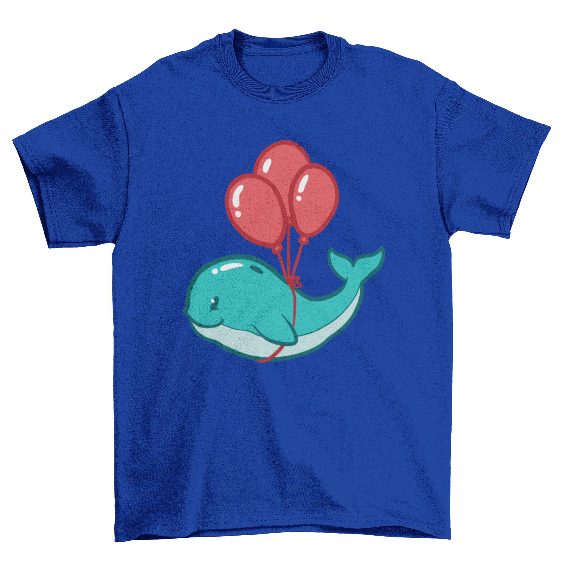 Cute kawaii whale illustration on a t-shirt, surrounded by colorful balloons.