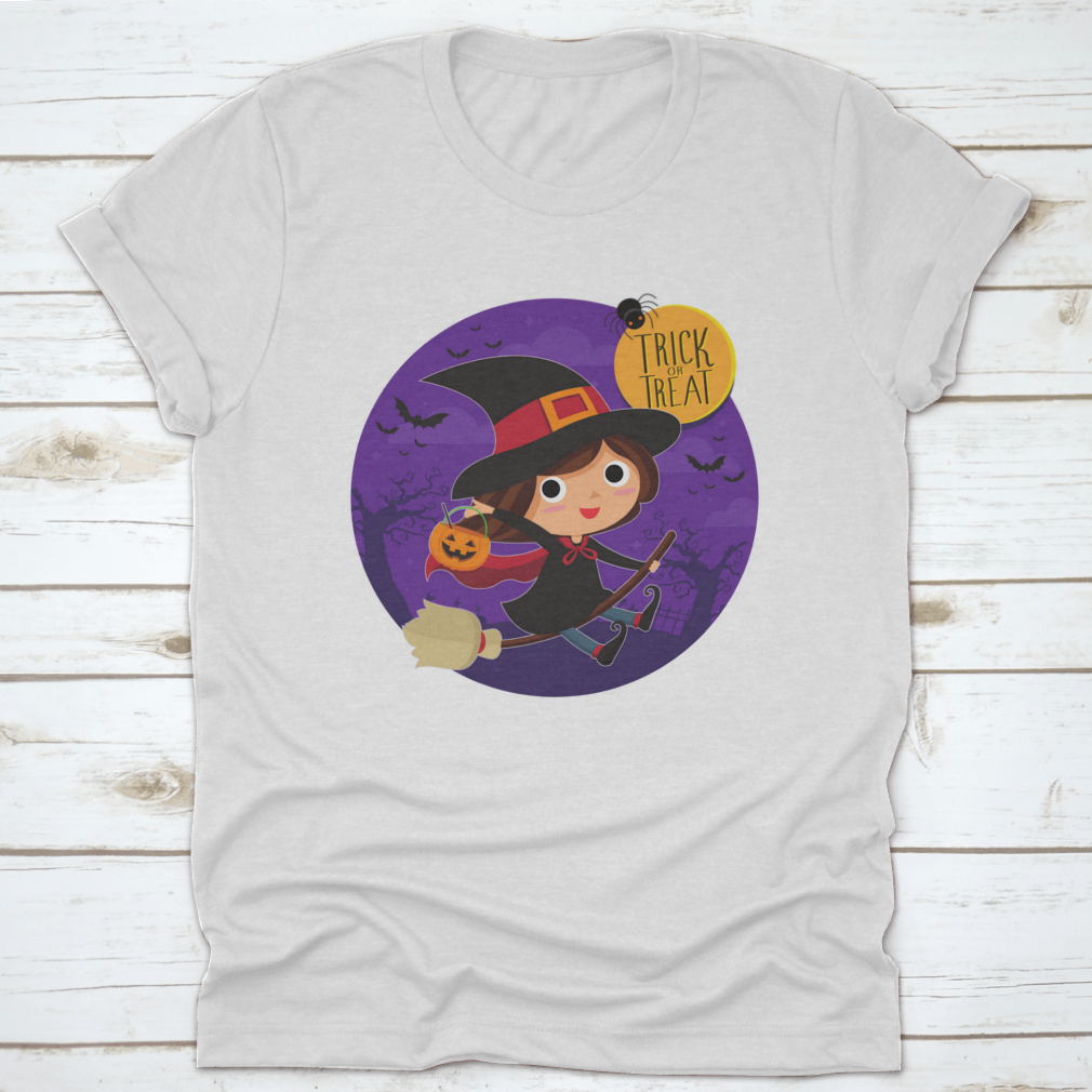 Cute cartoon illustration of a witch on a broomstick, featured on a comfortable cotton shirt.