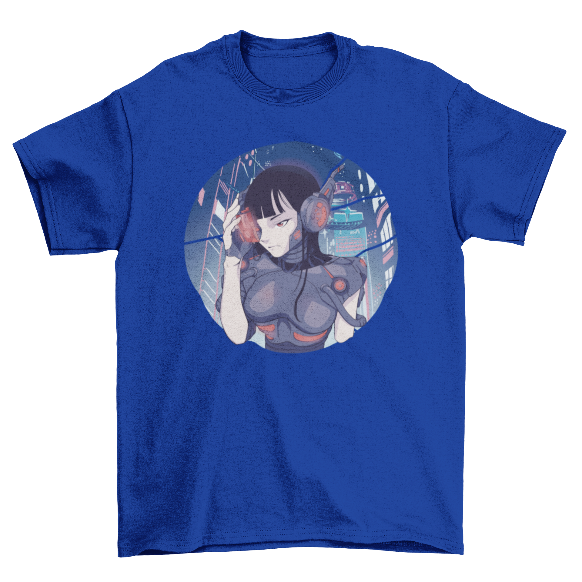 A vibrant cyberpunk girl anime t-shirt featuring a detailed cyborg girl design in a futuristic setting.