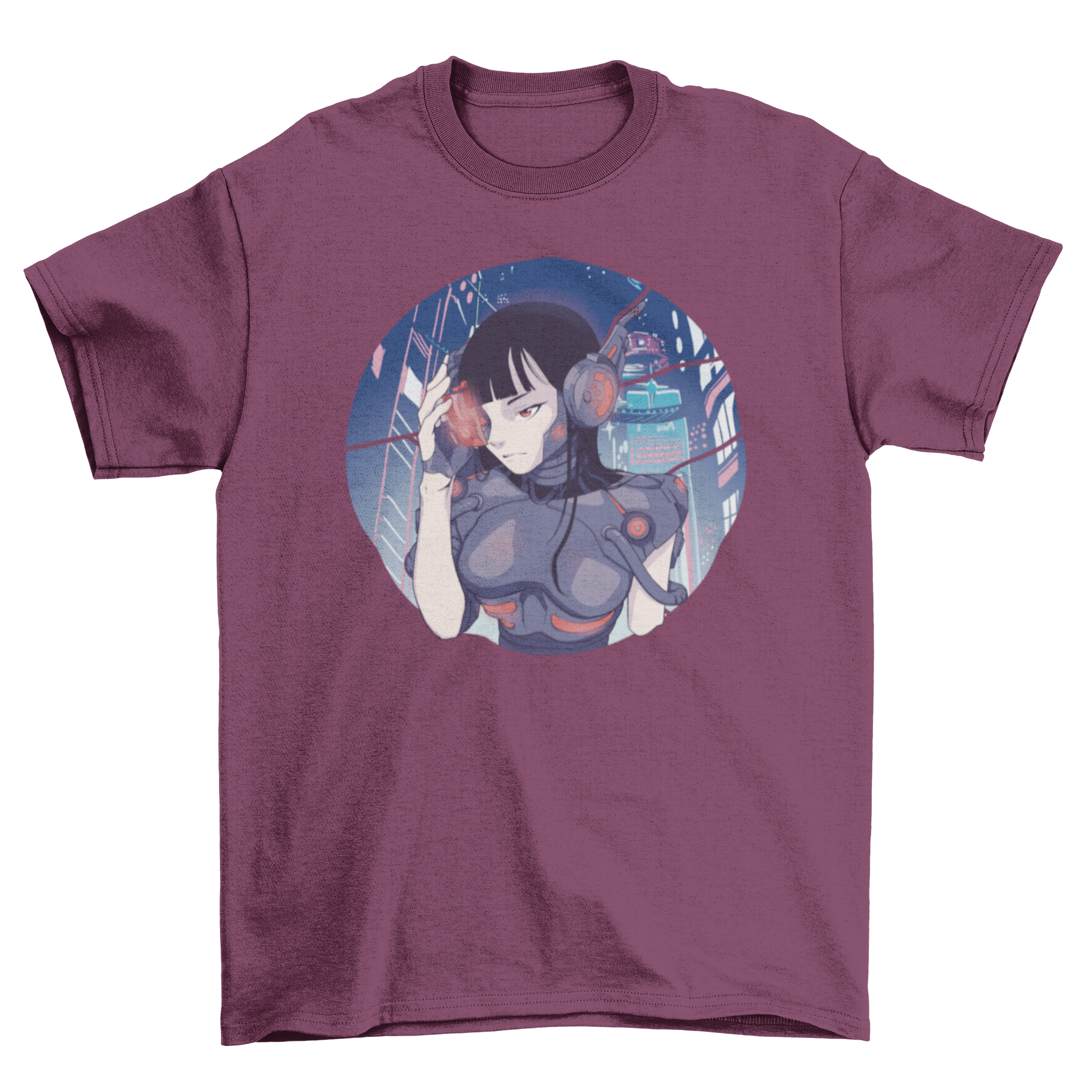 A vibrant cyberpunk girl anime t-shirt featuring a detailed cyborg girl design in a futuristic setting.