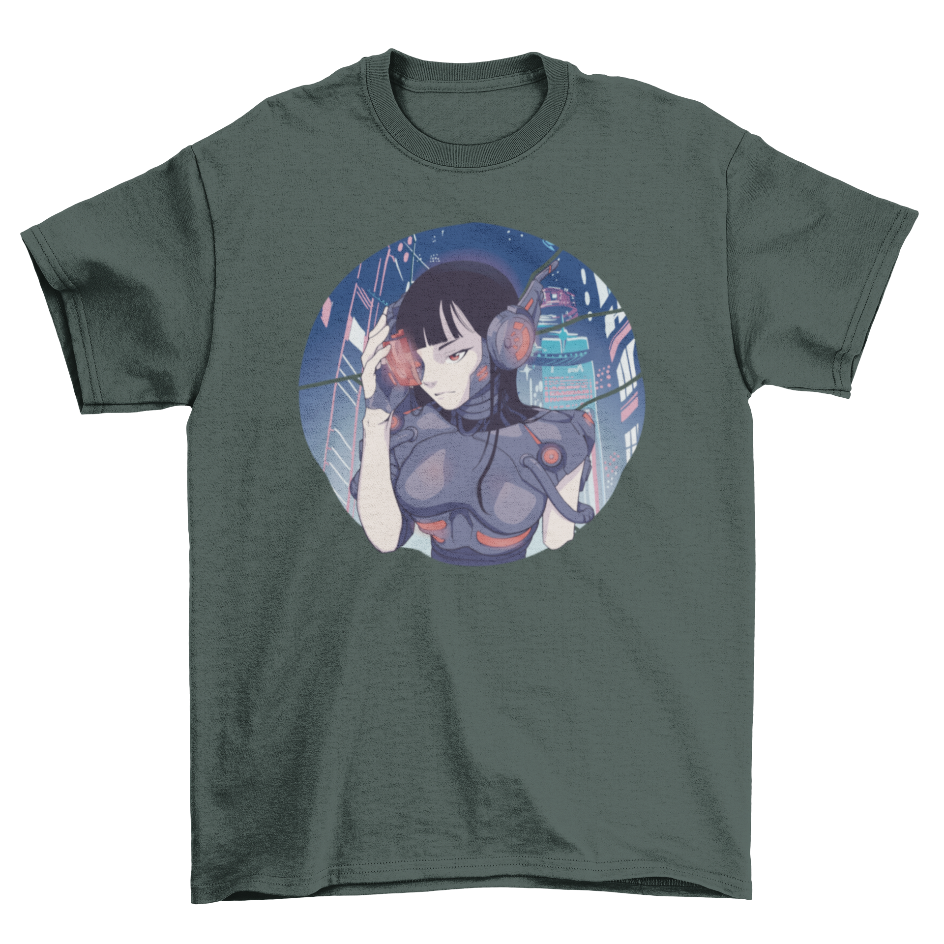 A vibrant cyberpunk girl anime t-shirt featuring a detailed cyborg girl design in a futuristic setting.