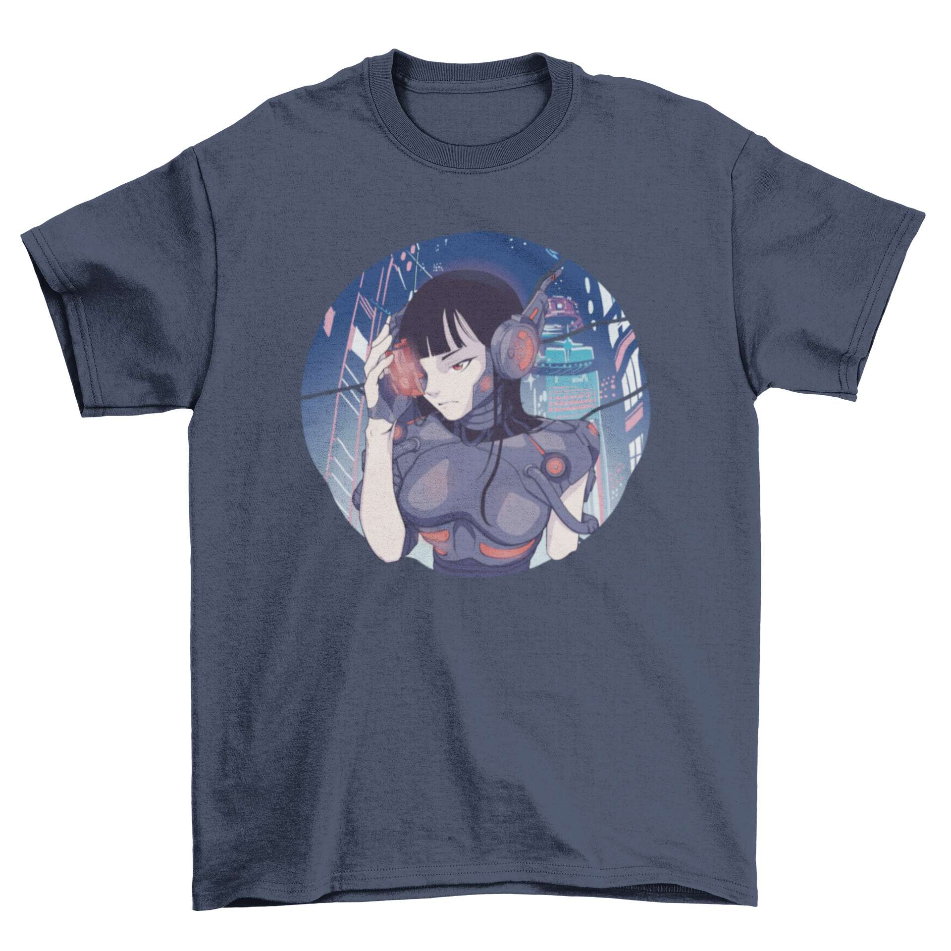A vibrant cyberpunk girl anime t-shirt featuring a detailed cyborg girl design in a futuristic setting.