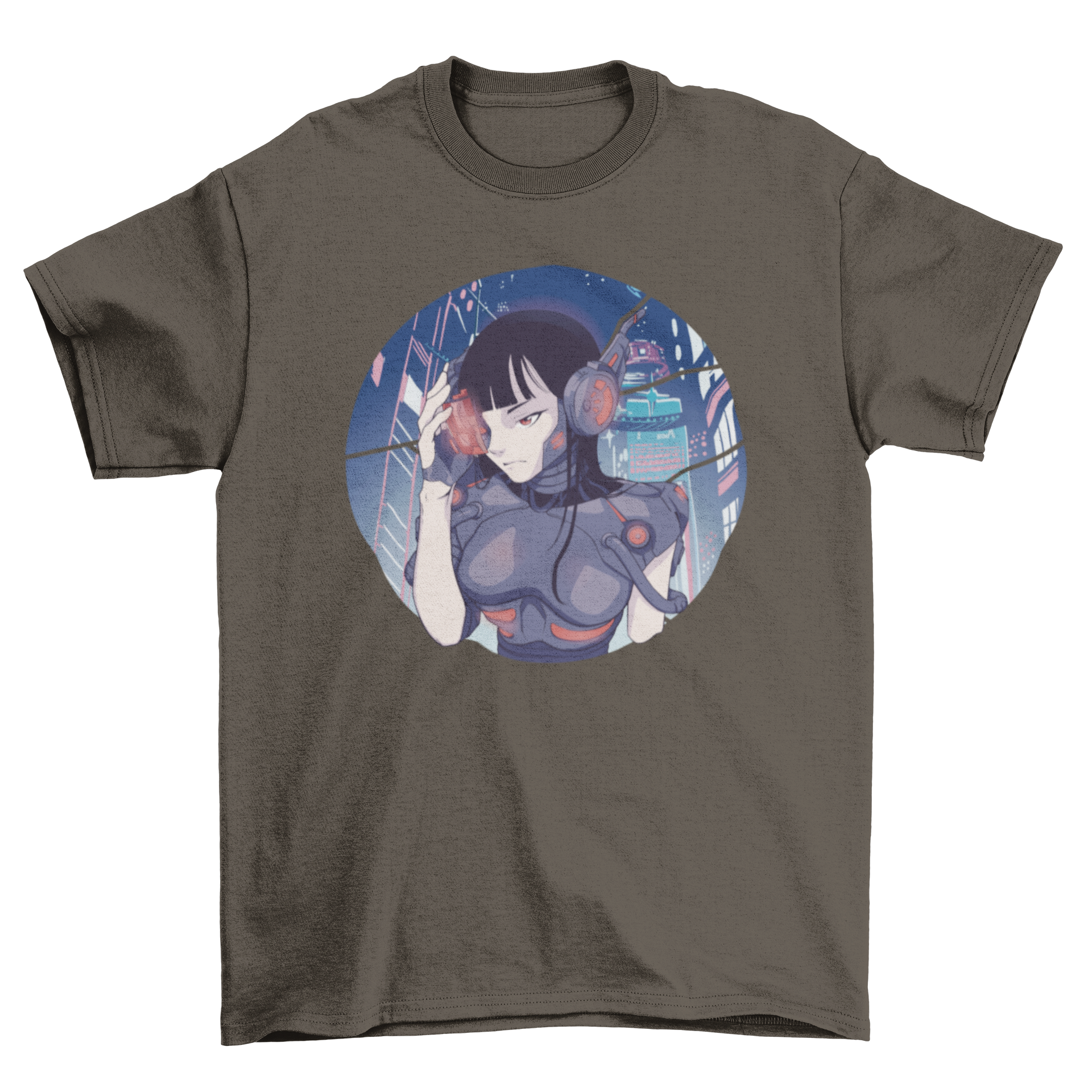 A vibrant cyberpunk girl anime t-shirt featuring a detailed cyborg girl design in a futuristic setting.