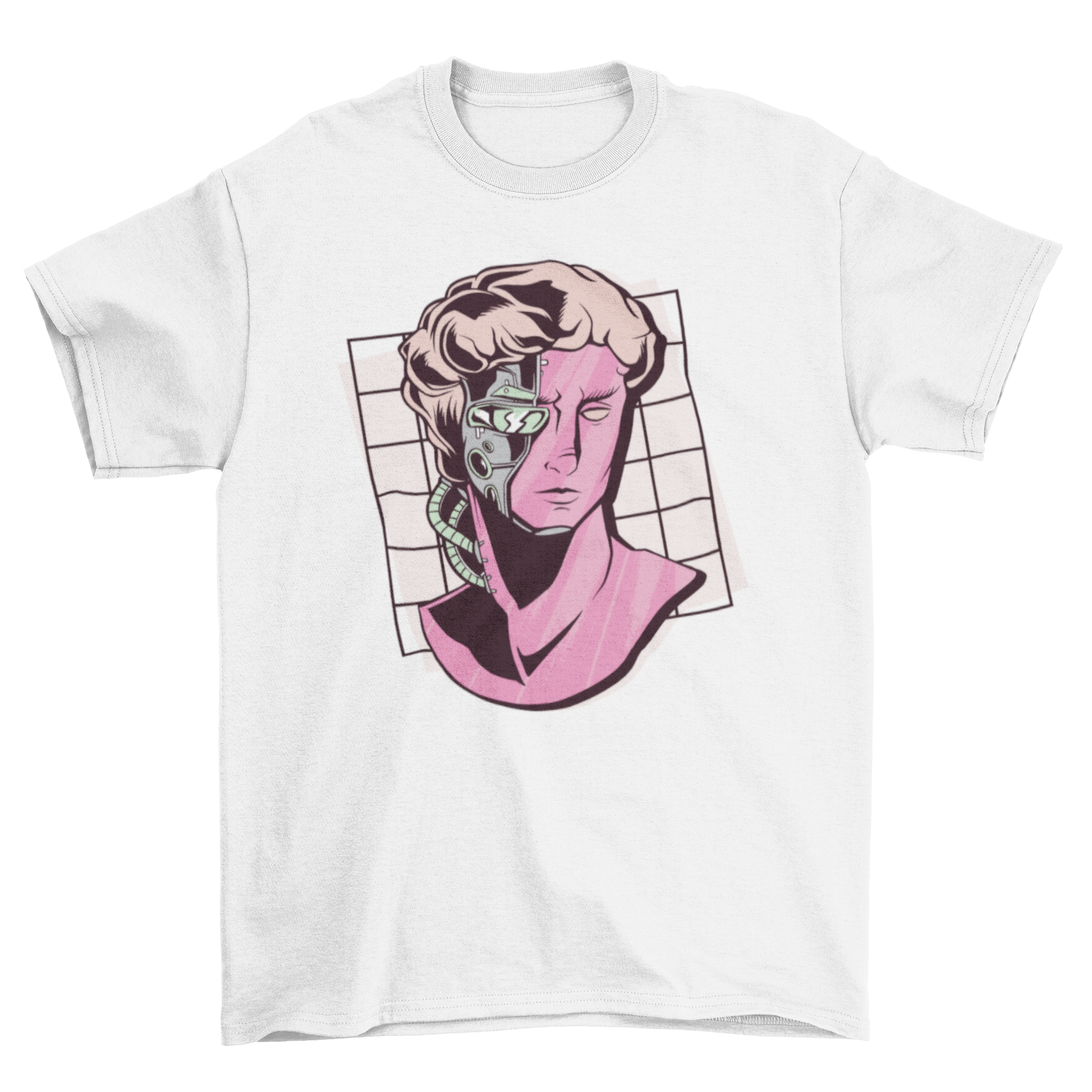 Cyborg statue t-shirt design featuring a detailed illustration of a Greek statue with futuristic elements.