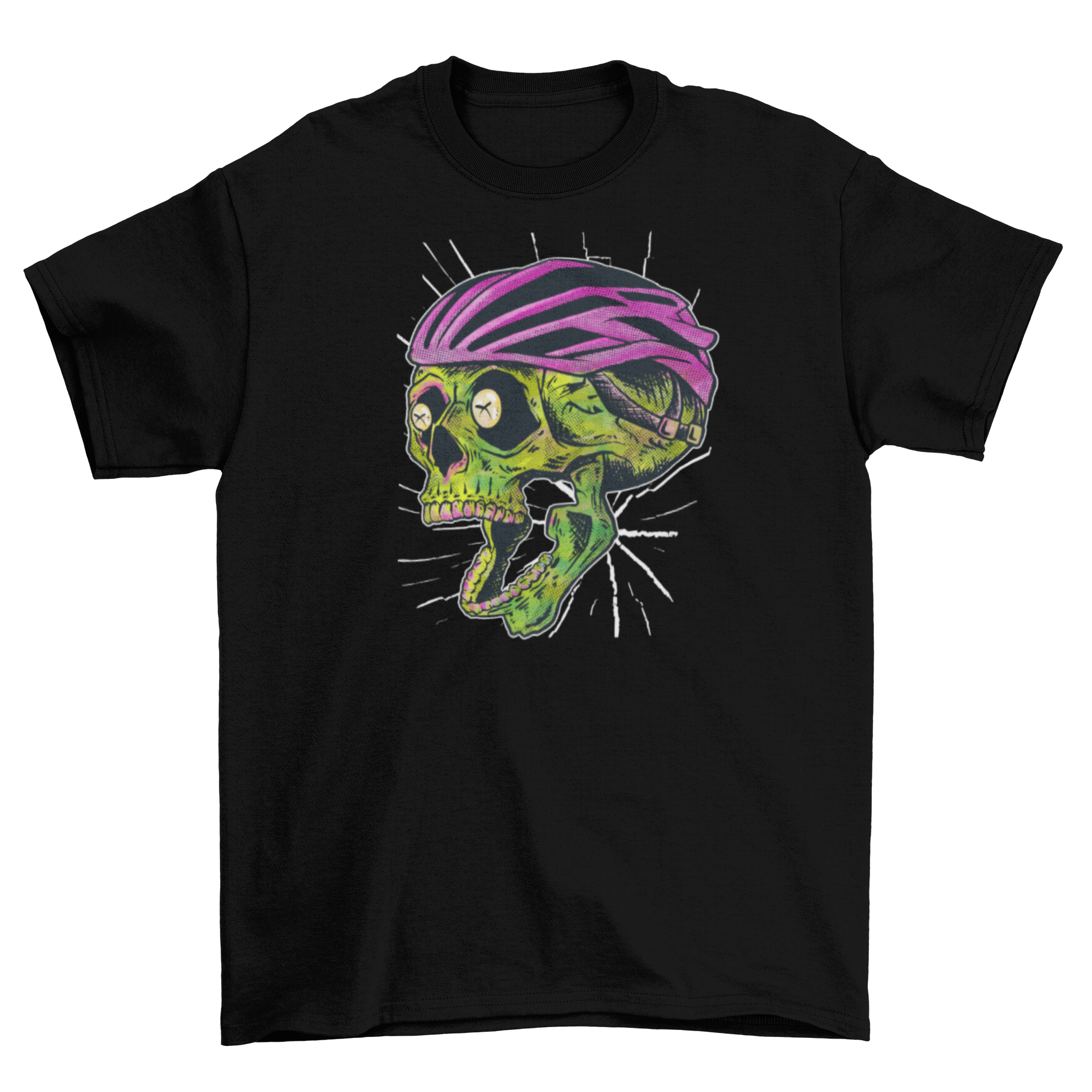 A green skull wearing a bicycle helmet on a t-shirt, showcasing a unique and edgy design for cycling enthusiasts.