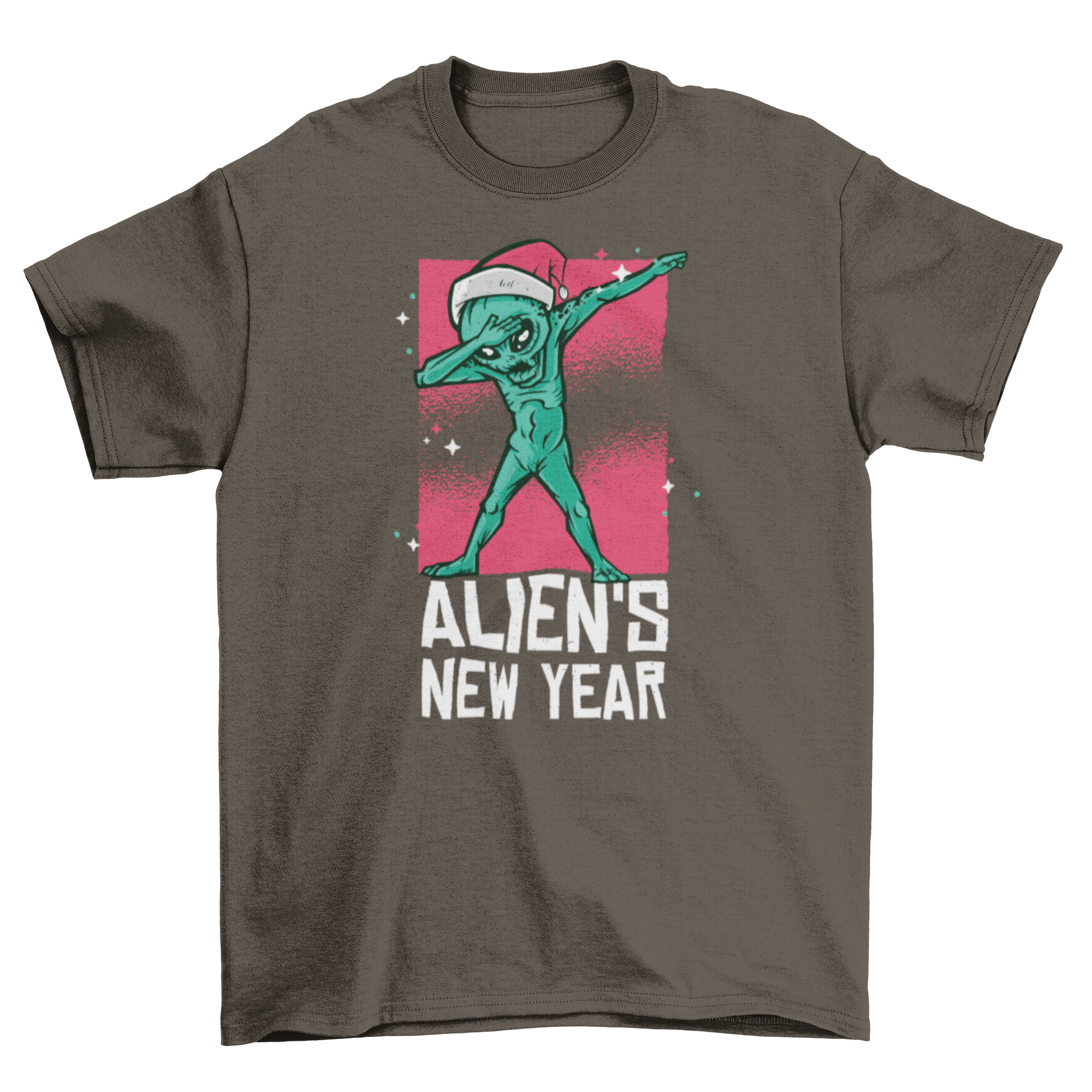 Dabbing Alien T-shirt design featuring an alien in a Christmas hat with the quote 'ALIEN'S NEW YEAR'.