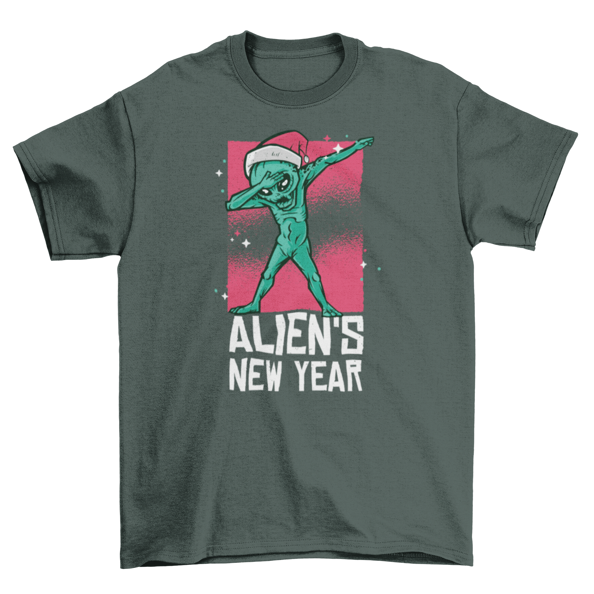 Dabbing Alien T-shirt design featuring an alien in a Christmas hat with the quote 'ALIEN'S NEW YEAR'.