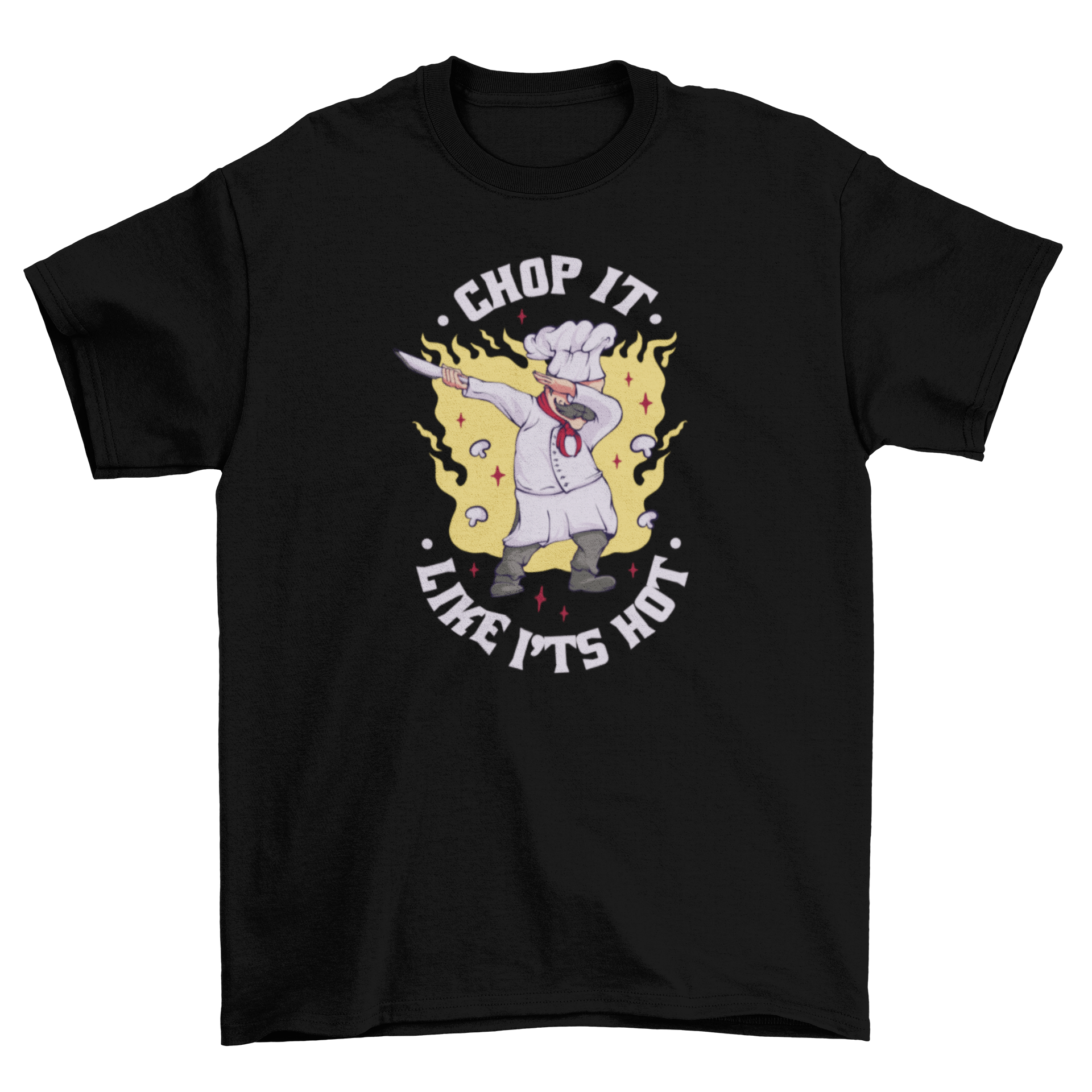 Dabbing chef graphic t-shirt with the quote 'Chop it like it's hot' in vibrant colors.
