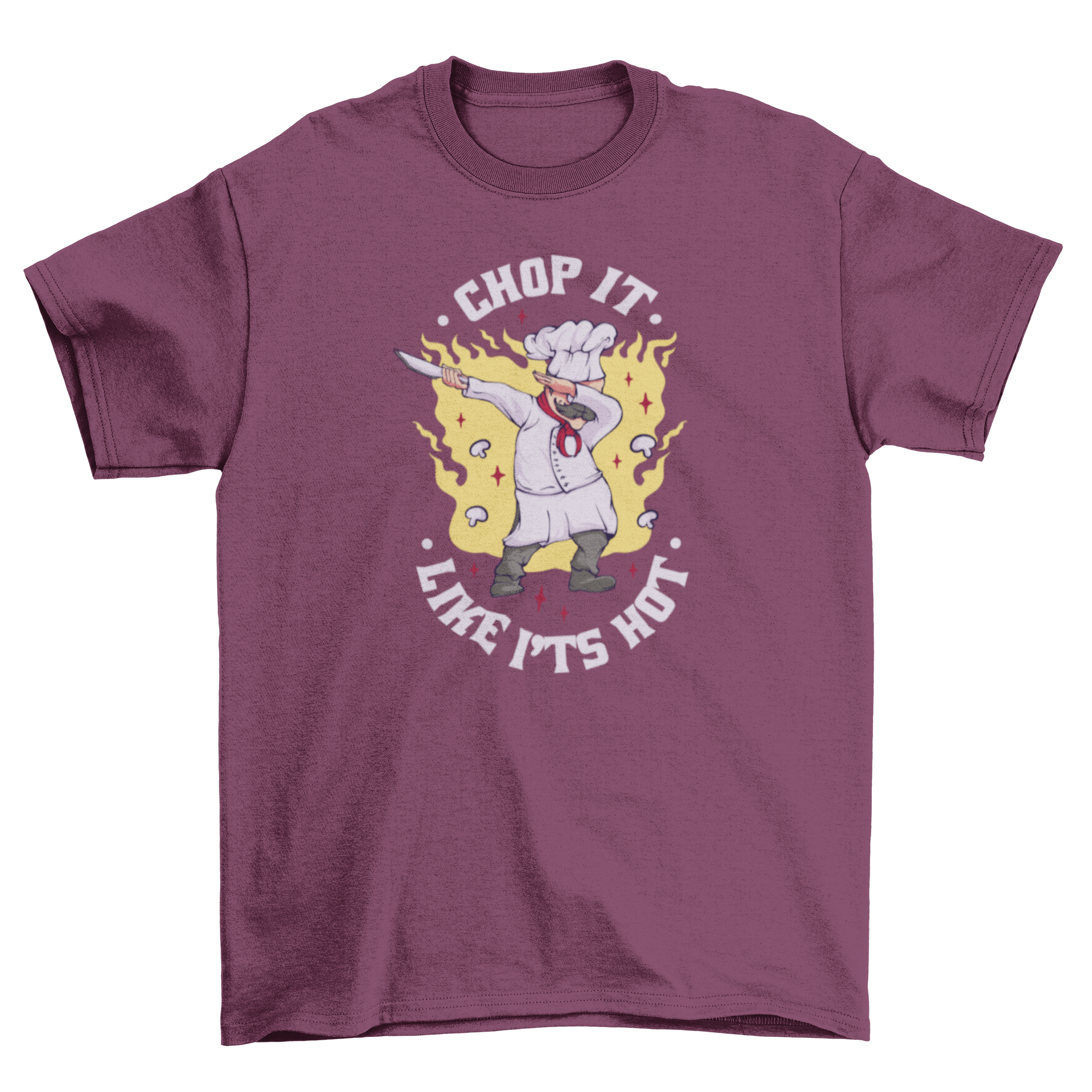 Dabbing chef graphic t-shirt with the quote 'Chop it like it's hot' in vibrant colors.