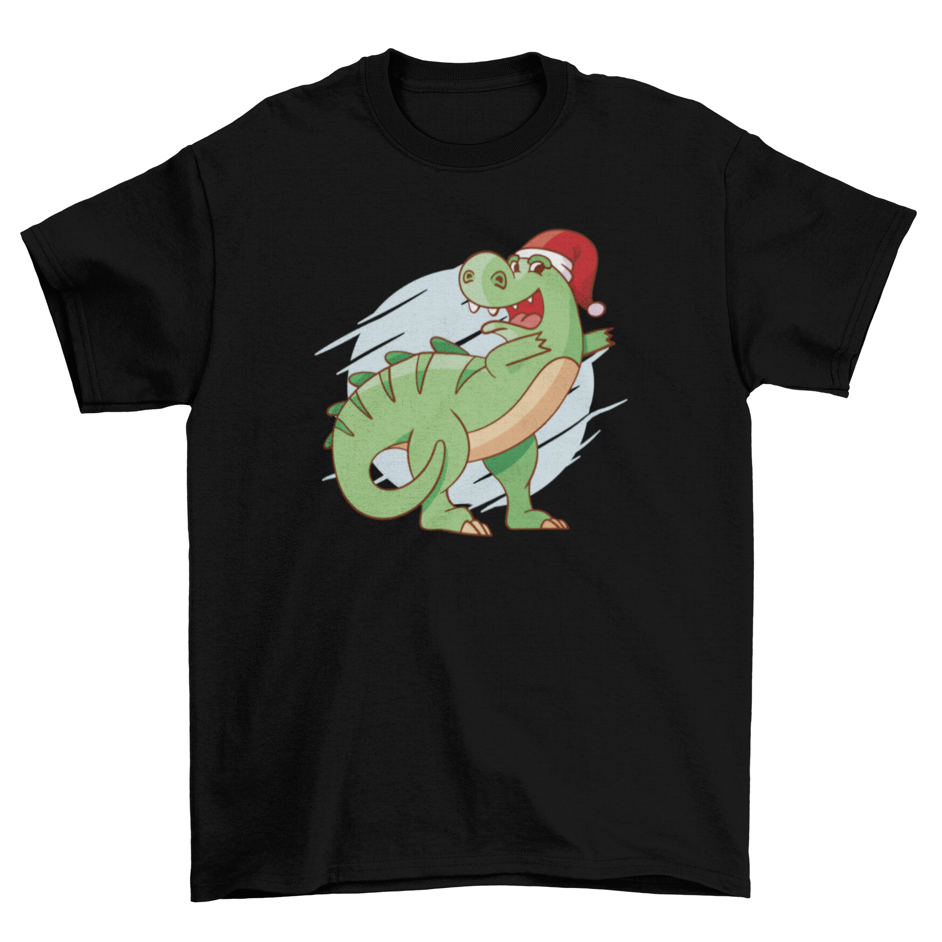 A festive Christmas t-shirt featuring a dinosaur dabbing in a playful pose, perfect for holiday celebrations.