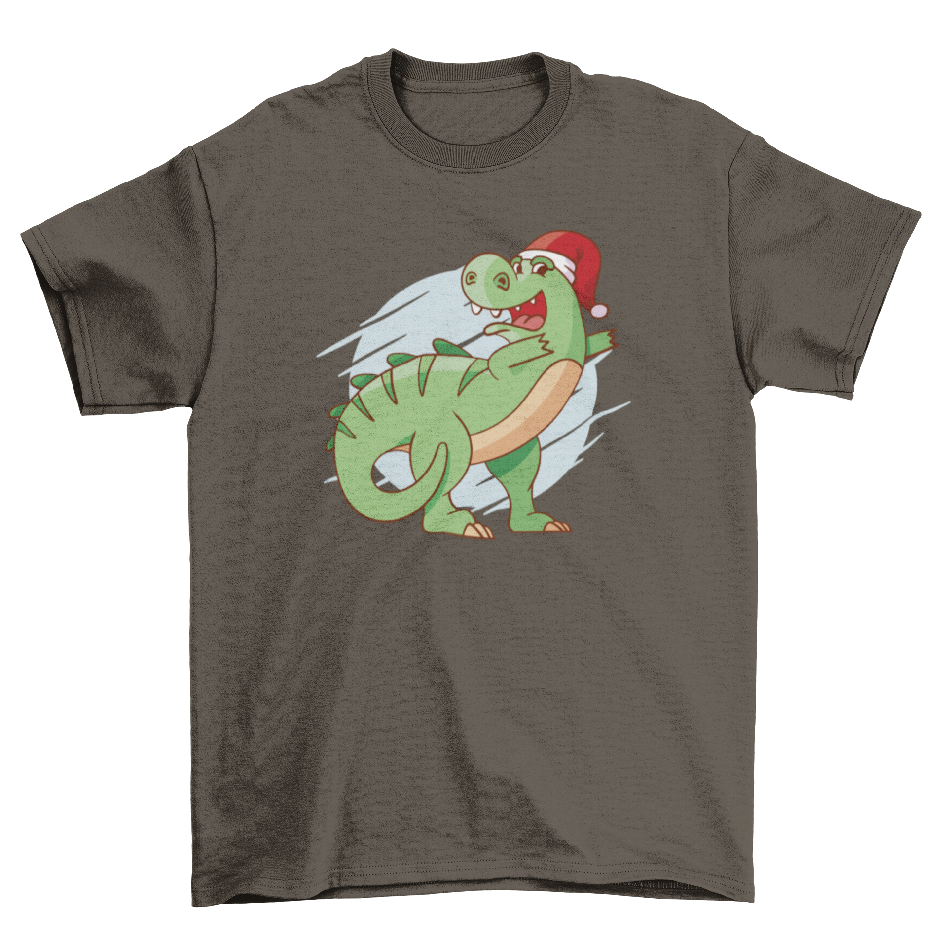 A festive Christmas t-shirt featuring a dinosaur dabbing in a playful pose, perfect for holiday celebrations.