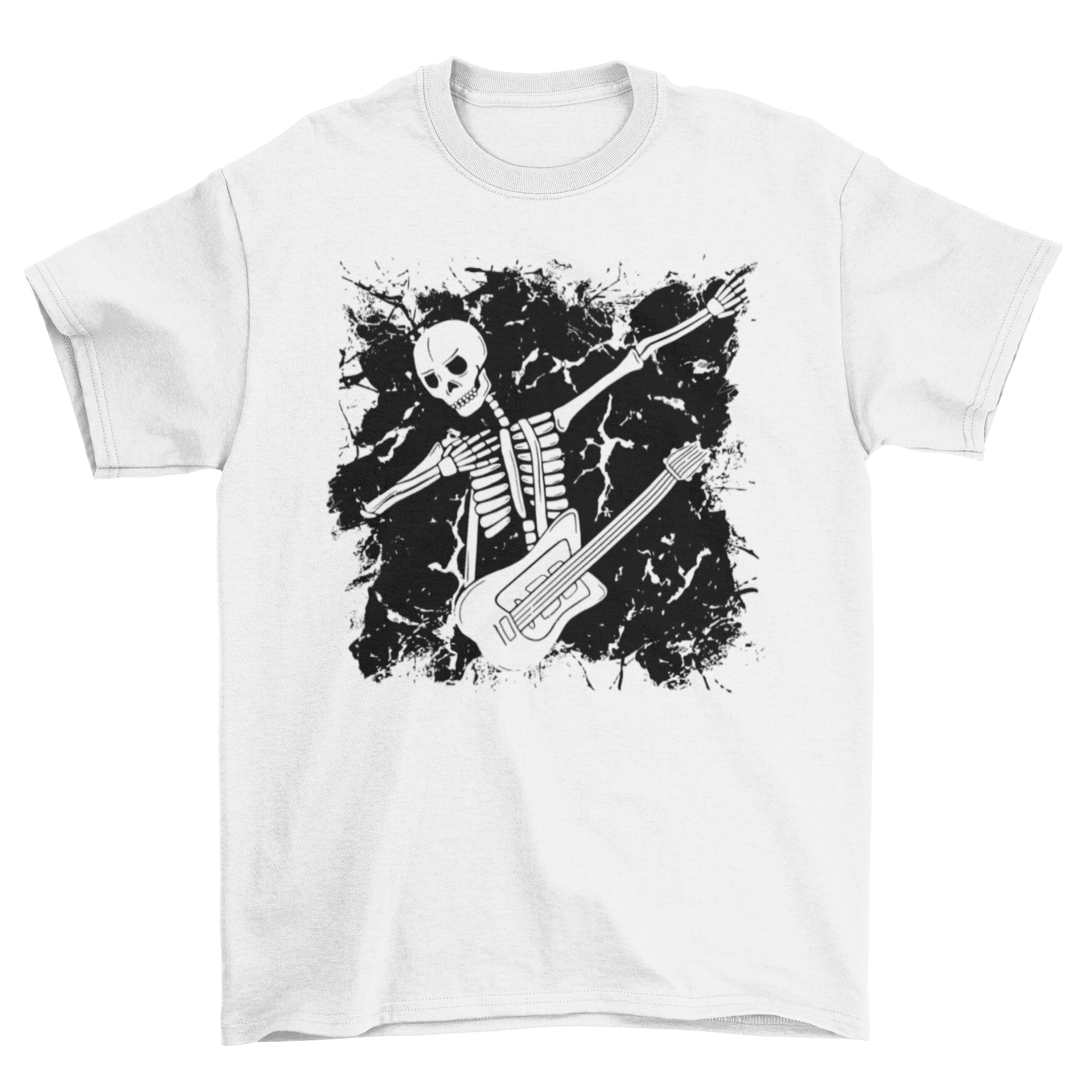 A vibrant t-shirt featuring a dabbing skeleton holding an electric guitar, showcasing a fun and trendy design.