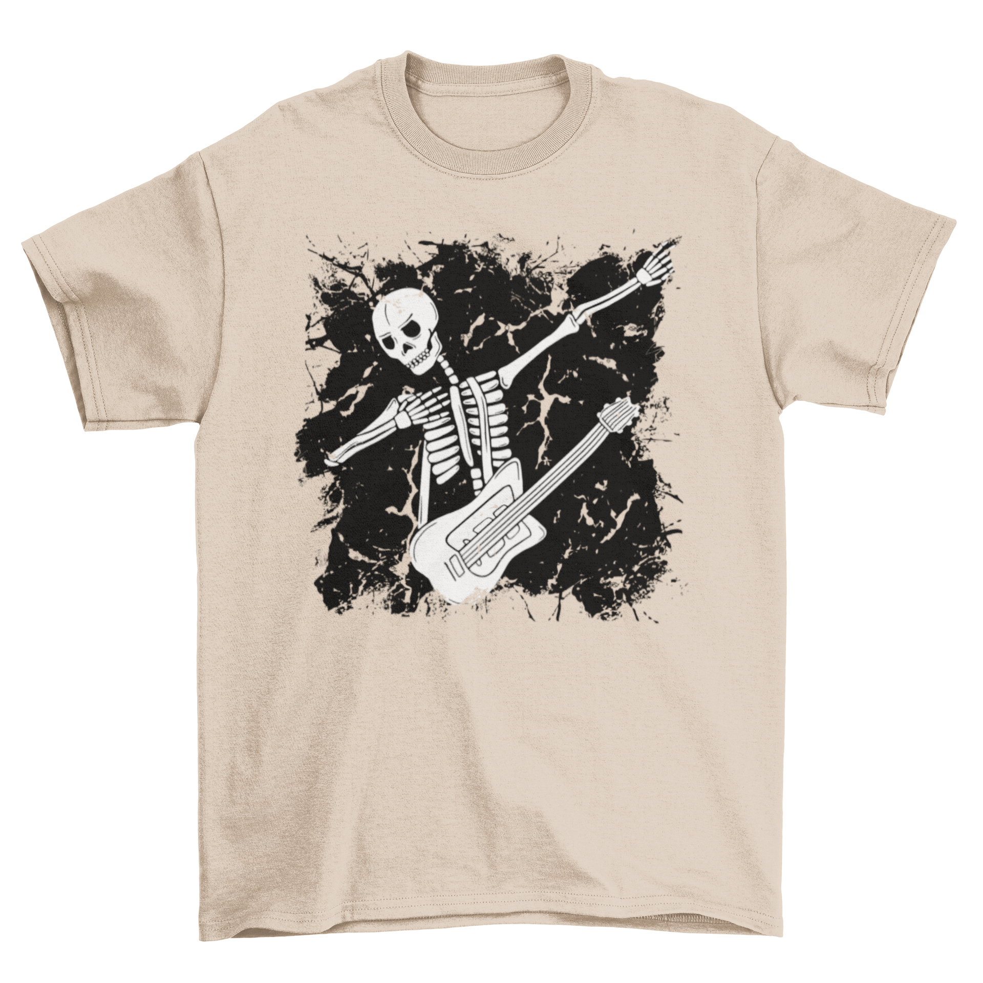 A vibrant t-shirt featuring a dabbing skeleton holding an electric guitar, showcasing a fun and trendy design.