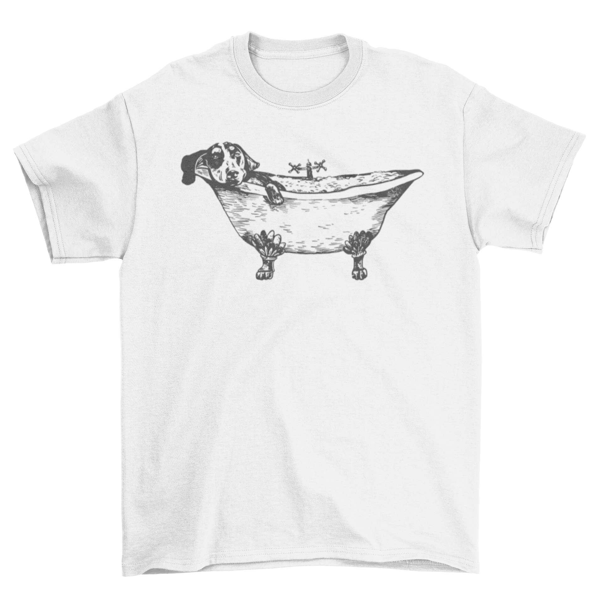 A stylish t-shirt featuring a hand-drawn Dachshund dog taking a bath, perfect for dog lovers.