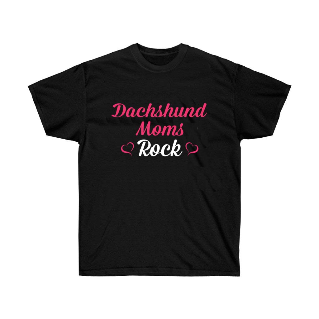 Dachshund Dog Moms Rock T-Shirt featuring a vibrant vinyl print on a soft cotton fabric, perfect for dog lovers.