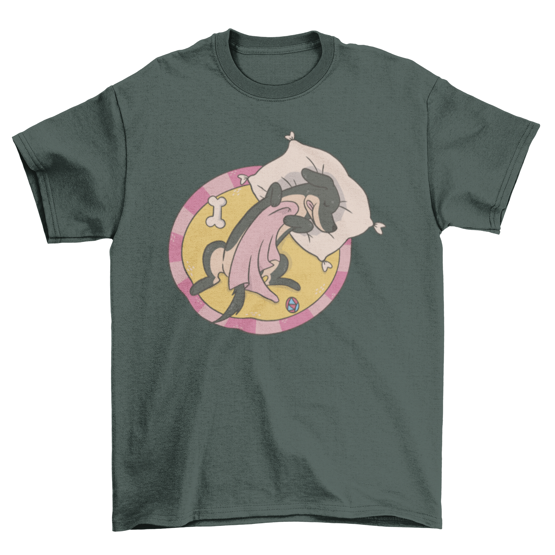 A cute t-shirt featuring a sleeping dachshund dog with a pillow and blanket on a rug.