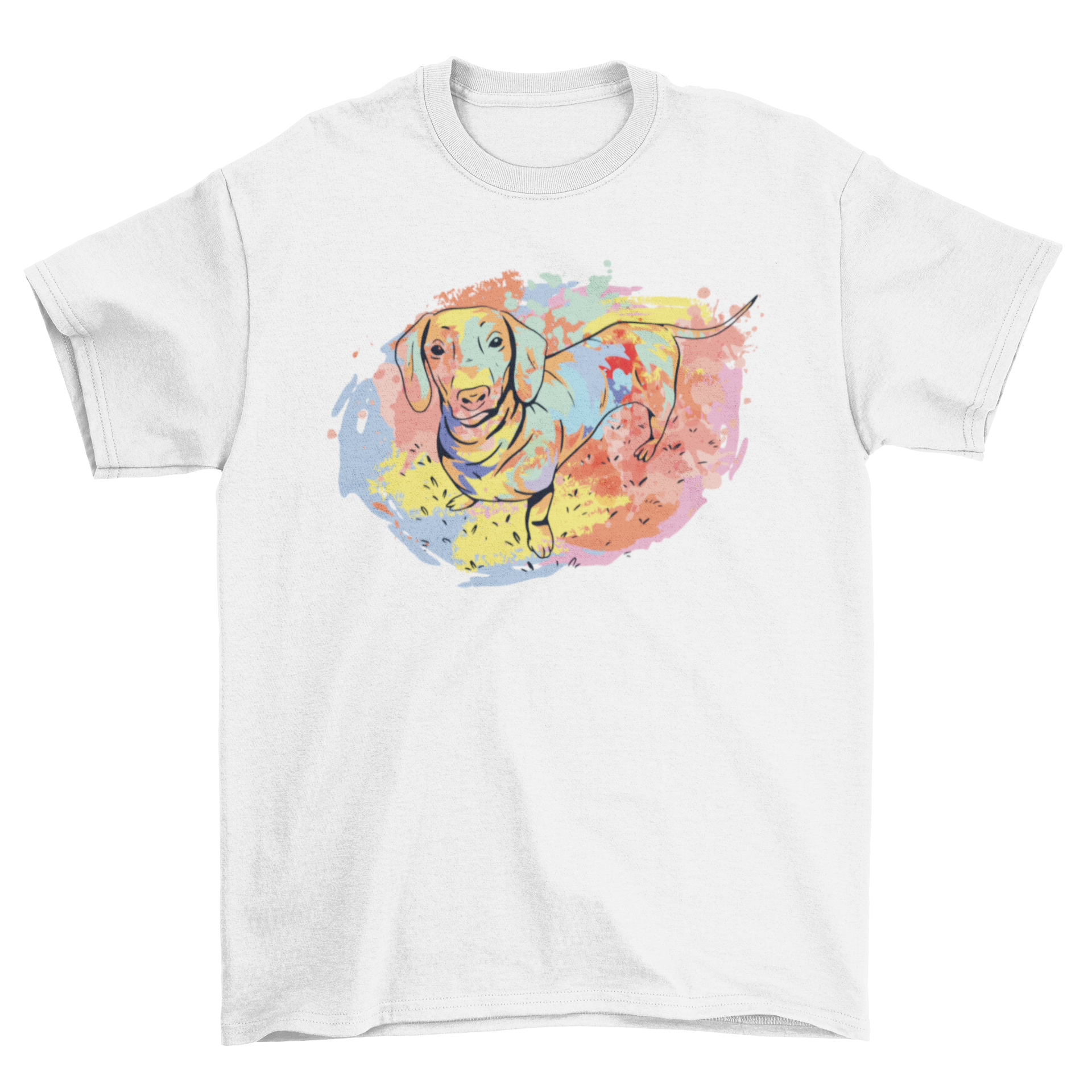 A vibrant watercolor t-shirt design featuring a playful dachshund in colorful hues, perfect for dog lovers.