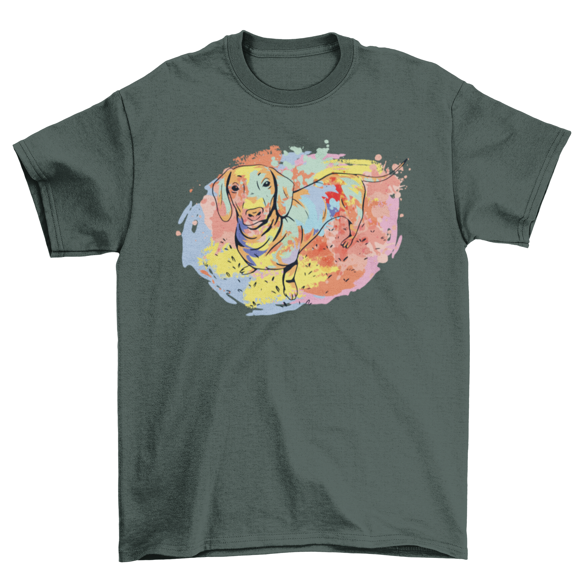 A vibrant watercolor t-shirt design featuring a playful dachshund in colorful hues, perfect for dog lovers.