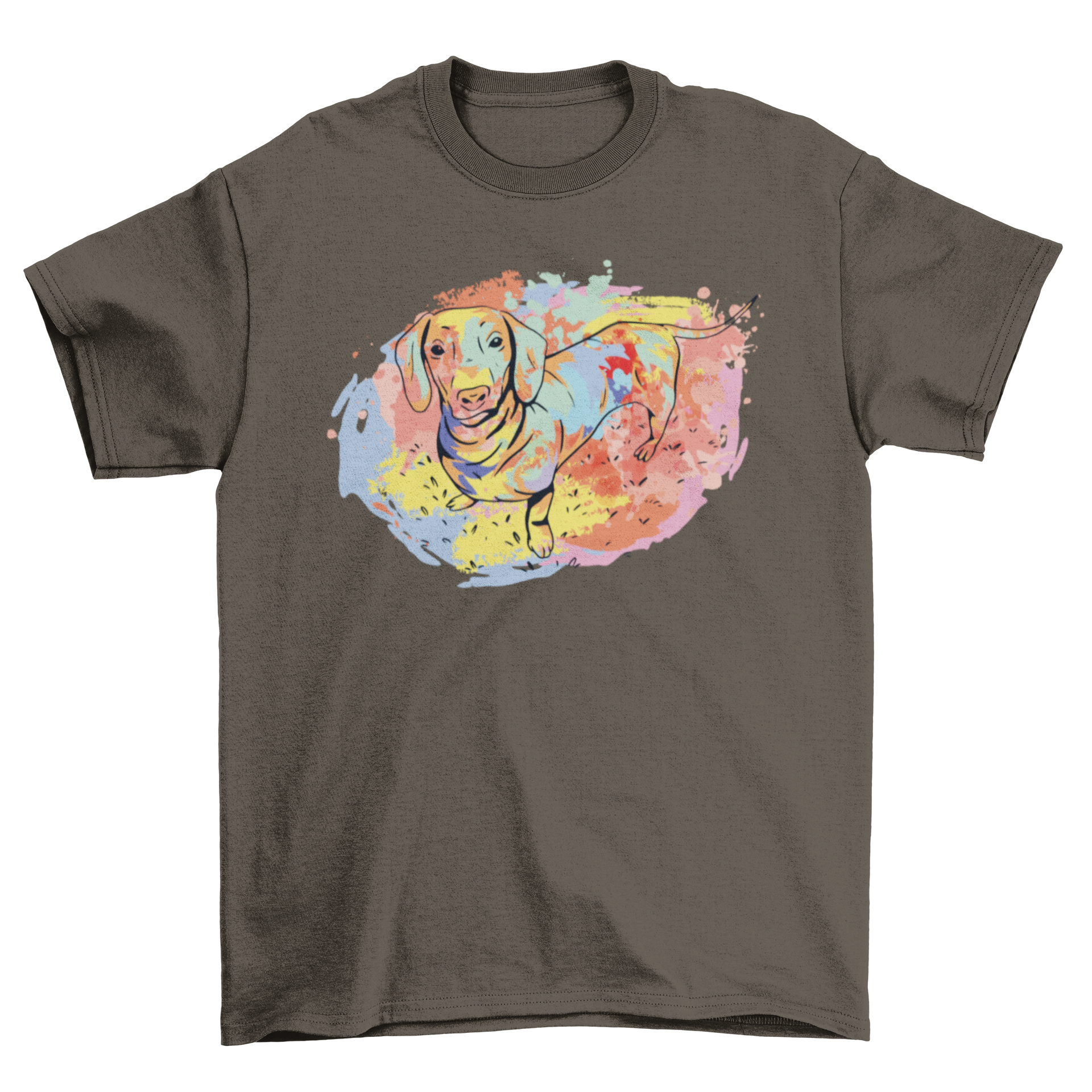 A vibrant watercolor t-shirt design featuring a playful dachshund in colorful hues, perfect for dog lovers.