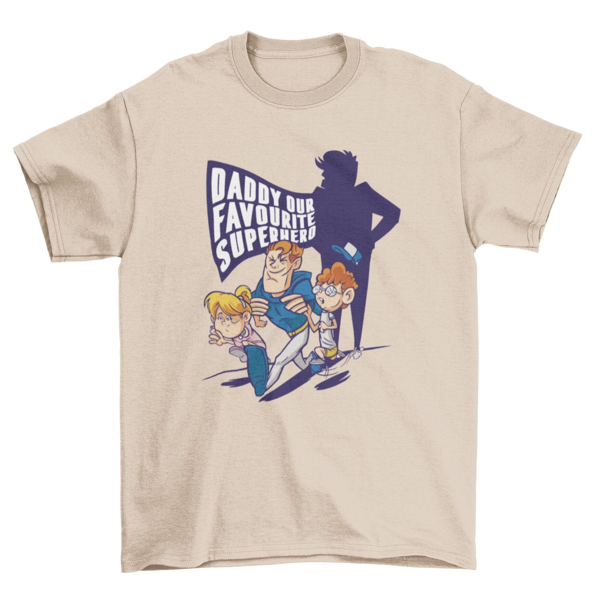 A fun t-shirt featuring a father and children with the quote 'Daddy our favourite superhero', perfect for family outings.
