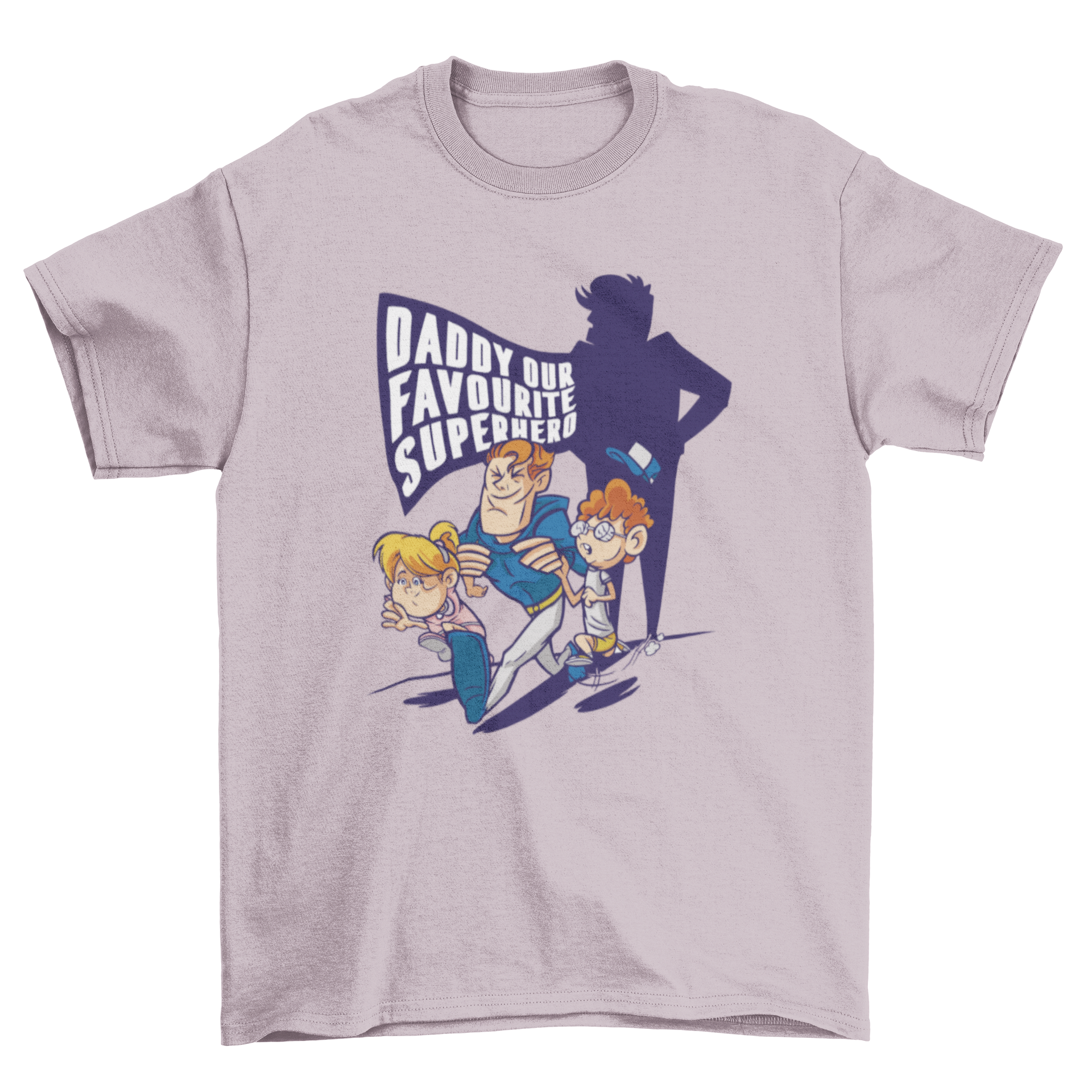 A fun t-shirt featuring a father and children with the quote 'Daddy our favourite superhero', perfect for family outings.