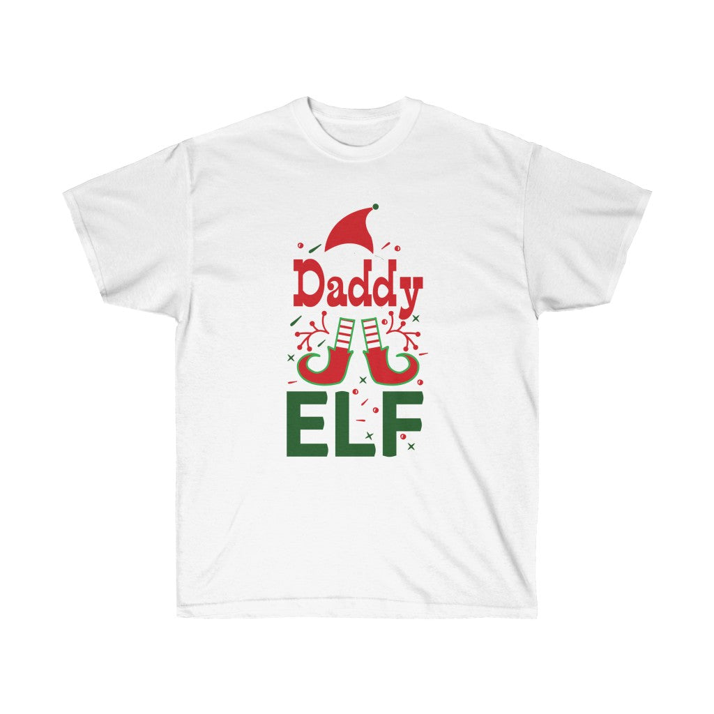 Daddy Elf Christmas T-Shirt featuring vibrant vinyl print, perfect for festive family gatherings.