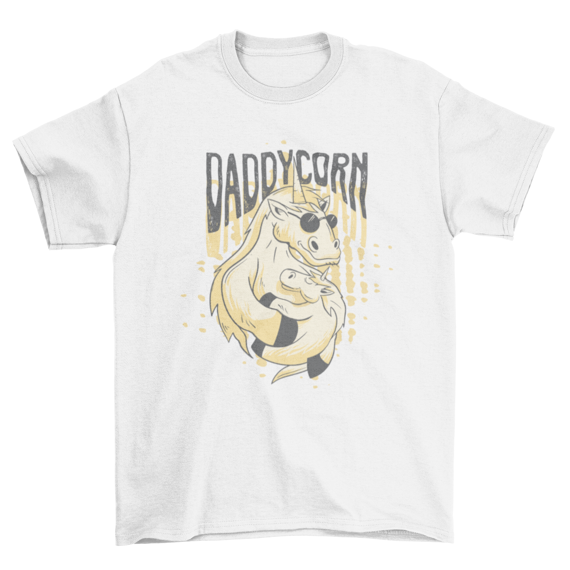 Daddycorn T-shirt featuring a unicorn dad and baby design with the word DADDYCORN.
