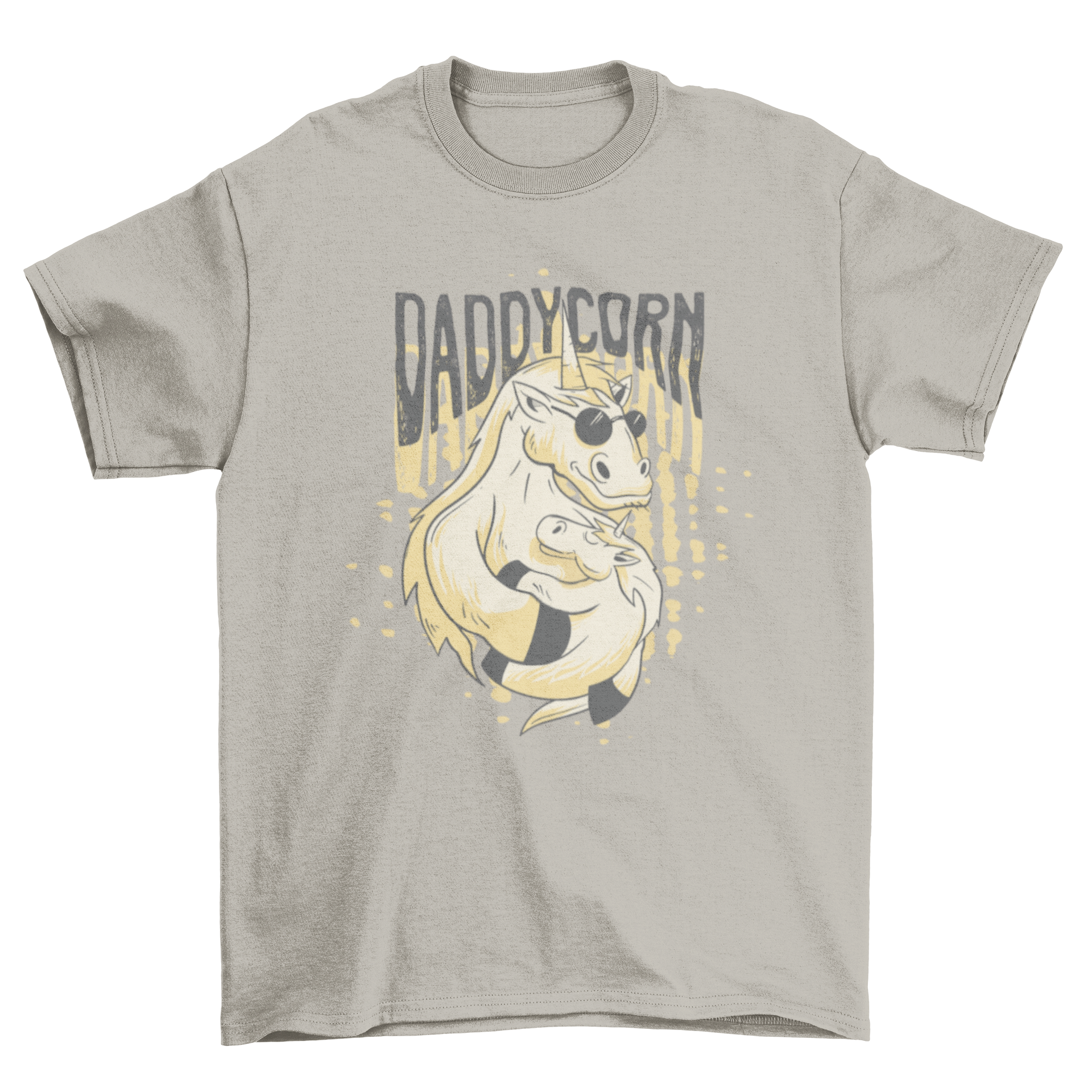 Daddycorn T-shirt featuring a unicorn dad and baby design with the word DADDYCORN.