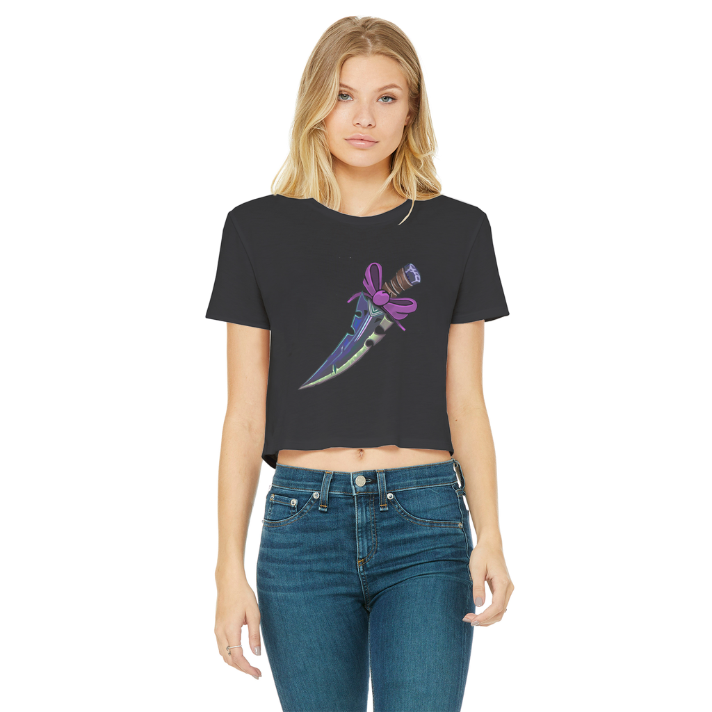 Dagger Classic Women's Cropped Raw Edge T-Shirt featuring a round neck, short sleeves, and a raw edge hem in a stylish design.