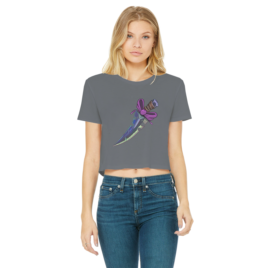 Dagger Classic Women's Cropped Raw Edge T-Shirt featuring a round neck, short sleeves, and a raw edge hem in a stylish design.