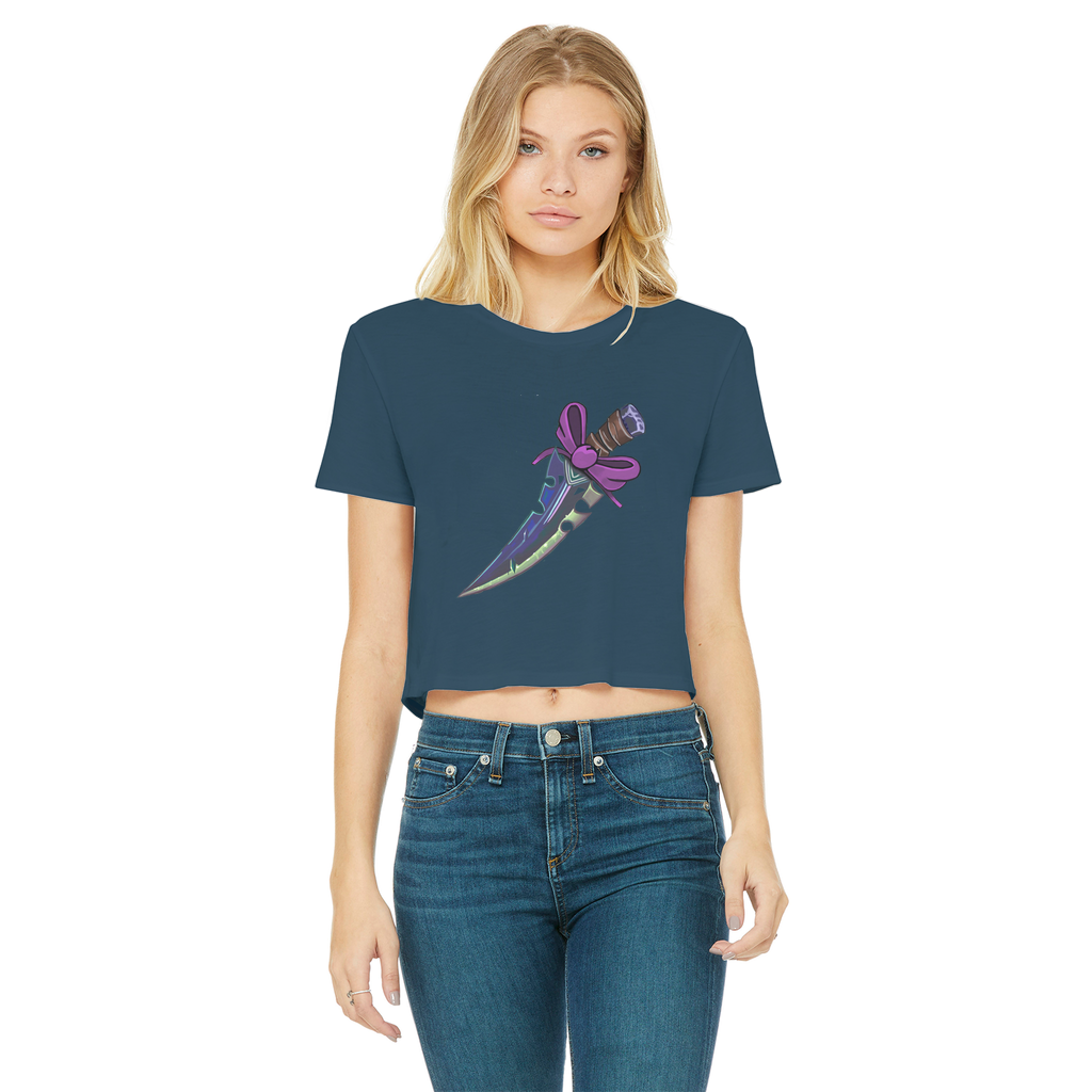 Dagger Classic Women's Cropped Raw Edge T-Shirt featuring a round neck, short sleeves, and a raw edge hem in a stylish design.