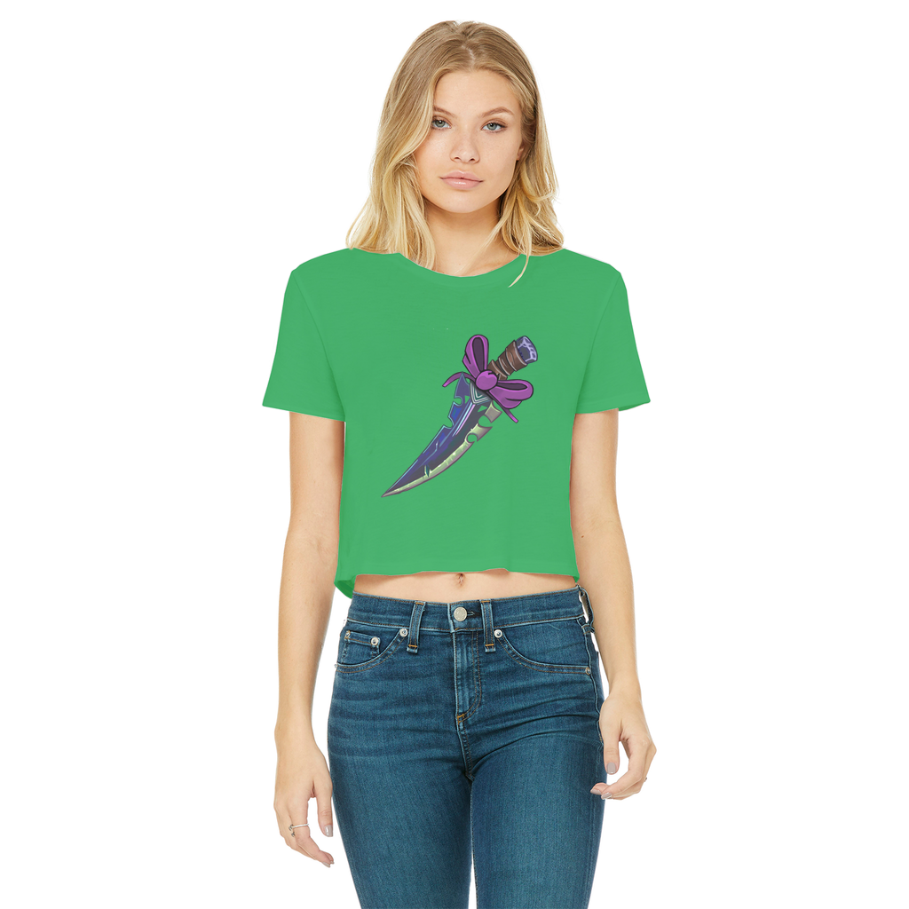 Dagger Classic Women's Cropped Raw Edge T-Shirt featuring a round neck, short sleeves, and a raw edge hem in a stylish design.