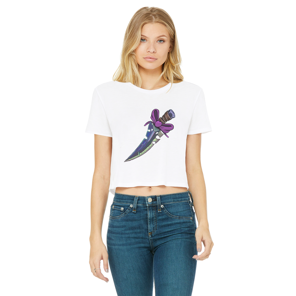 Dagger Classic Women's Cropped Raw Edge T-Shirt featuring a round neck, short sleeves, and a raw edge hem in a stylish design.