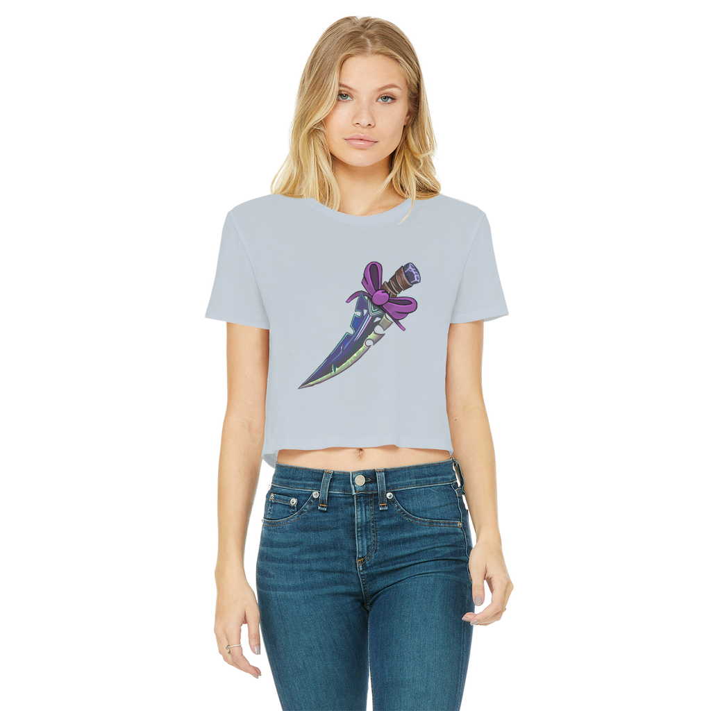 Dagger Classic Women's Cropped Raw Edge T-Shirt featuring a round neck, short sleeves, and a raw edge hem in a stylish design.