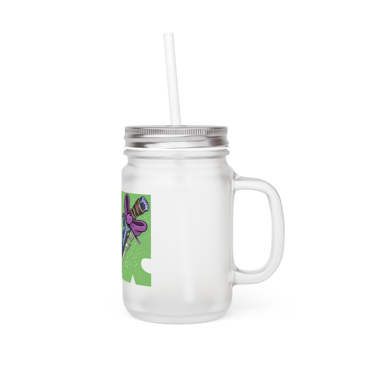 A stylish Dagger Mason Jar made of frosted glass, featuring a straw and lid, perfect for personalized drinks.