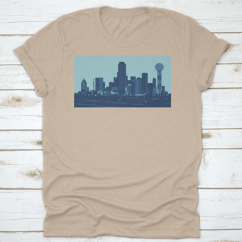 Dallas skyline blue inked illustration shirt design showcasing iconic buildings and a stylish fit.