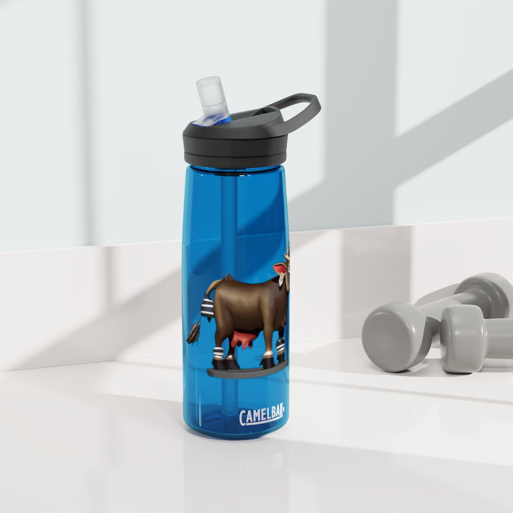 Dark Brown Cow CamelBak Eddy® Water Bottle in 20oz and 25oz sizes, showcasing its durable design and spill-proof valve.
