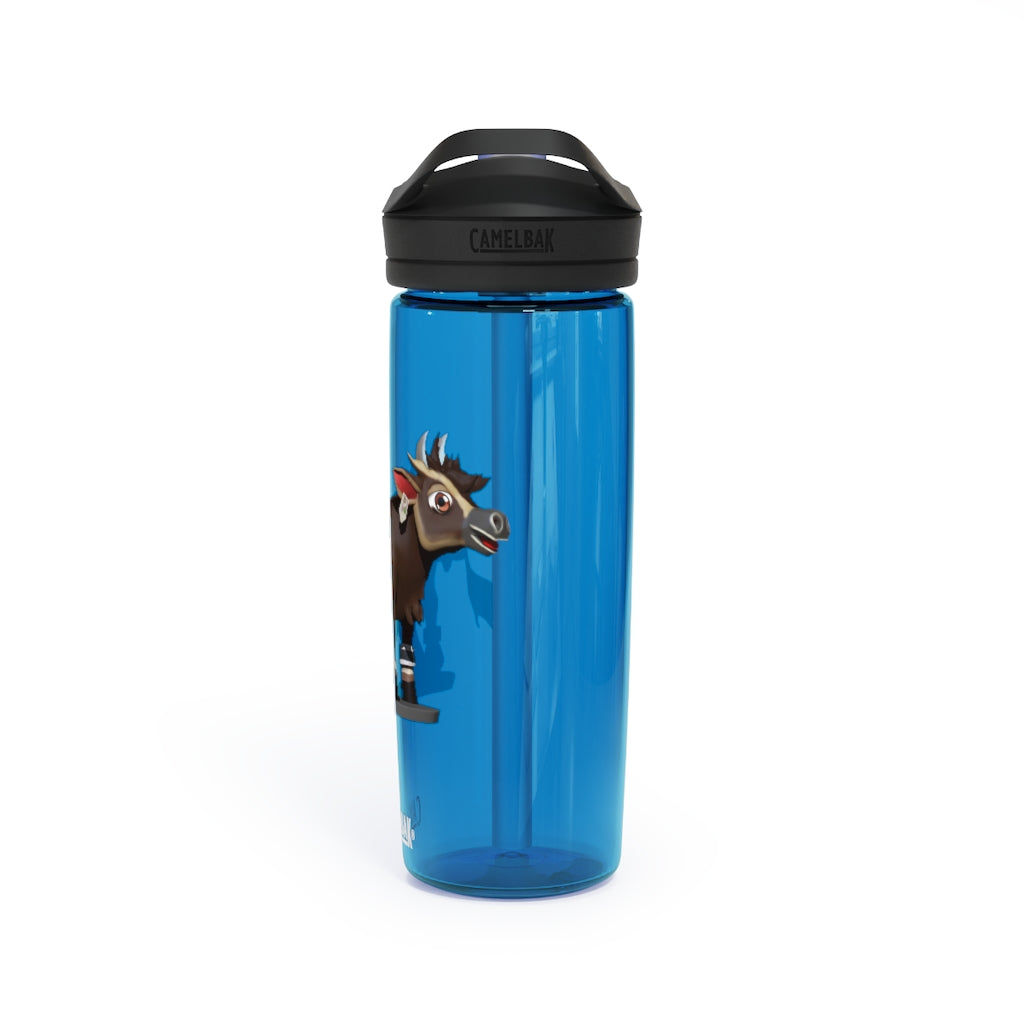 Dark Brown Cow CamelBak Eddy® Water Bottle in 20oz and 25oz sizes, showcasing its durable design and spill-proof valve.
