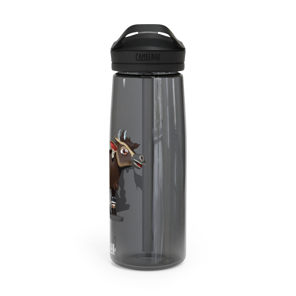 Dark Brown Cow CamelBak Eddy® Water Bottle in 20oz and 25oz sizes, showcasing its durable design and spill-proof valve.