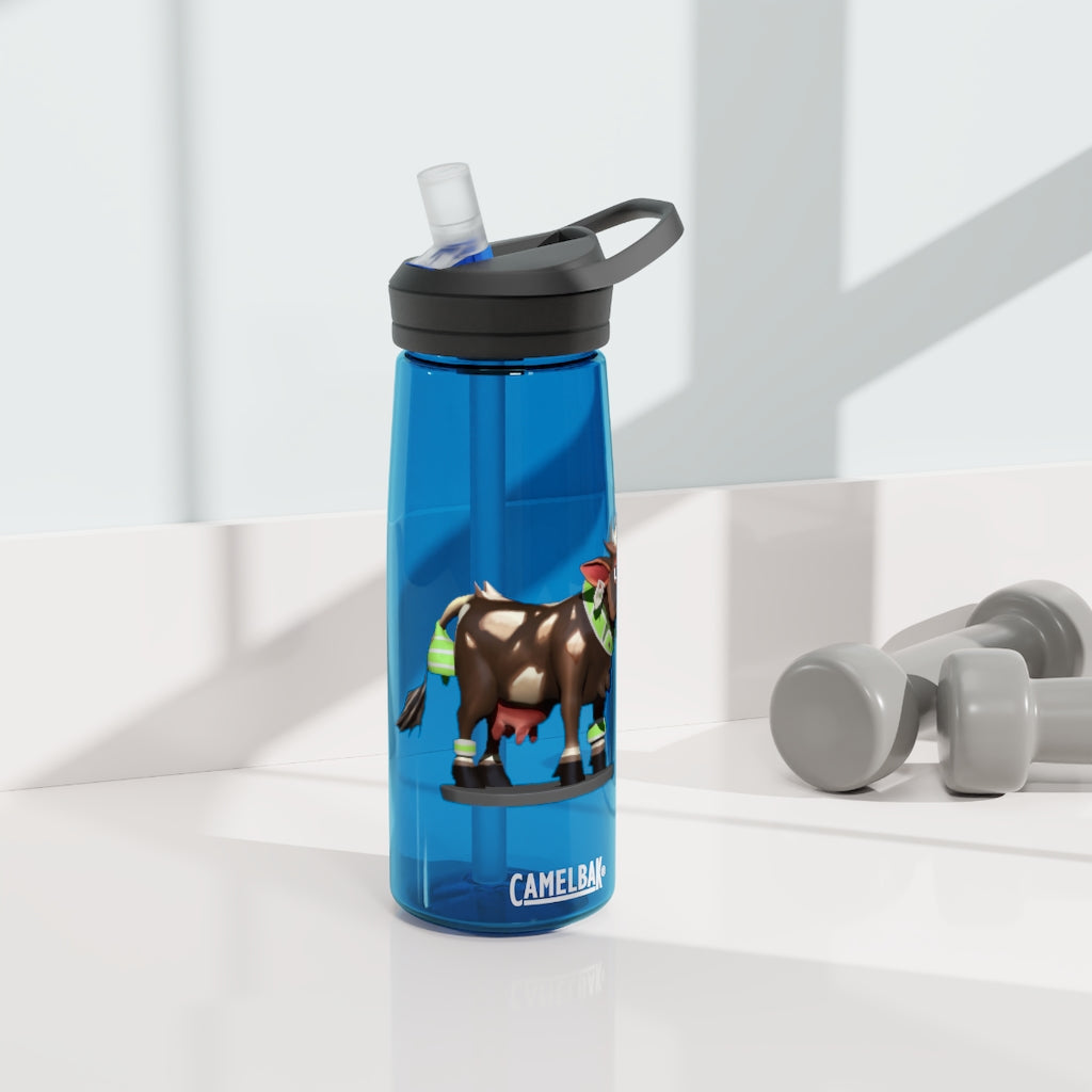 Dark Brown Cow CamelBak Eddy® Water Bottle in 20oz and 25oz sizes, showcasing its durable design and spill-proof features.