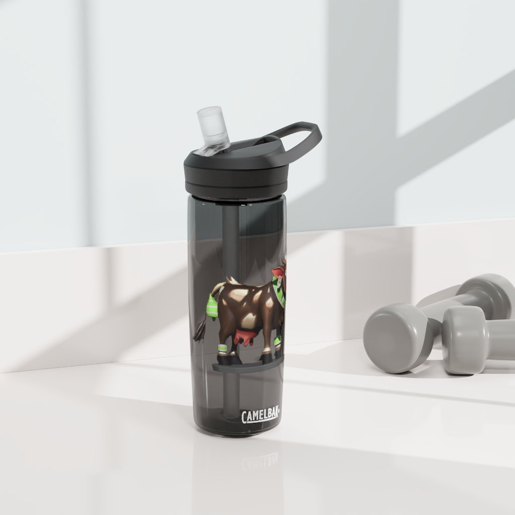 Dark Brown Cow CamelBak Eddy® Water Bottle in 20oz and 25oz sizes, showcasing its durable design and spill-proof features.