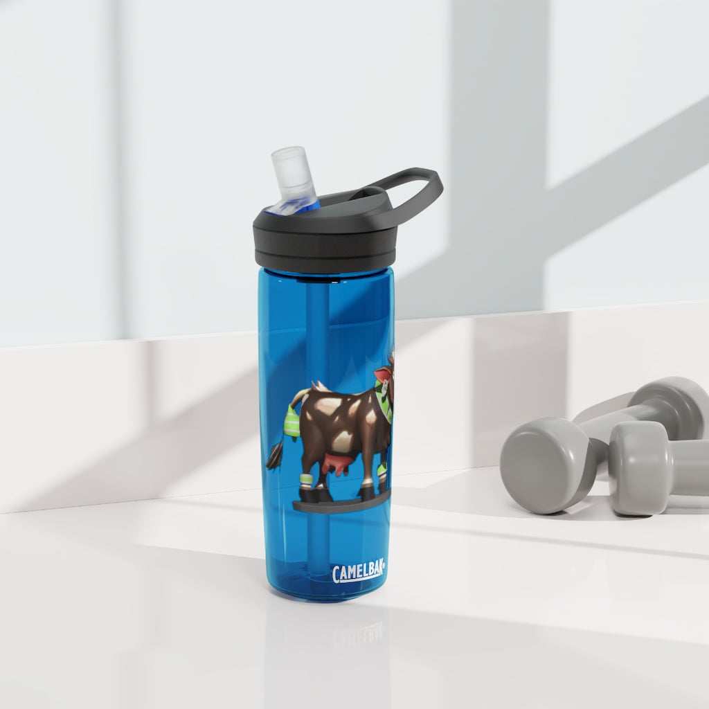 Dark Brown Cow CamelBak Eddy® Water Bottle in 20oz and 25oz sizes, showcasing its durable design and spill-proof features.