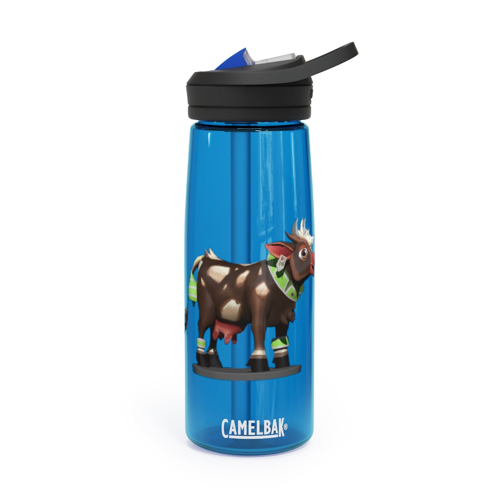 Dark Brown Cow CamelBak Eddy® Water Bottle in 20oz and 25oz sizes, showcasing its durable design and spill-proof features.