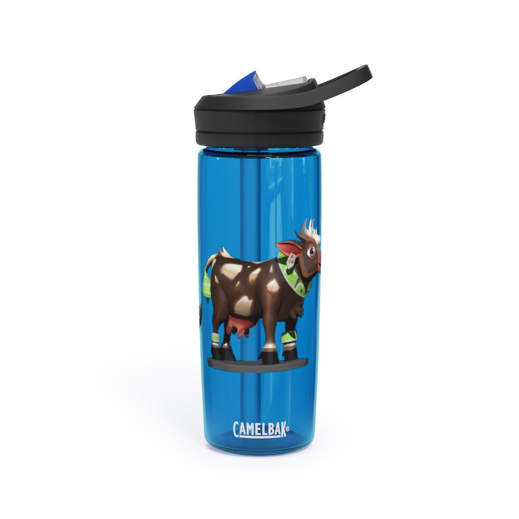 Dark Brown Cow CamelBak Eddy® Water Bottle in 20oz and 25oz sizes, showcasing its durable design and spill-proof features.