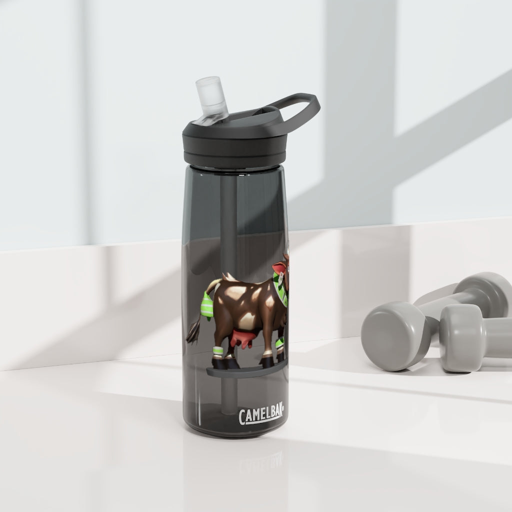 Dark Brown Cow CamelBak Eddy® Water Bottle in 20oz and 25oz sizes, showcasing its durable design and spill-proof features.