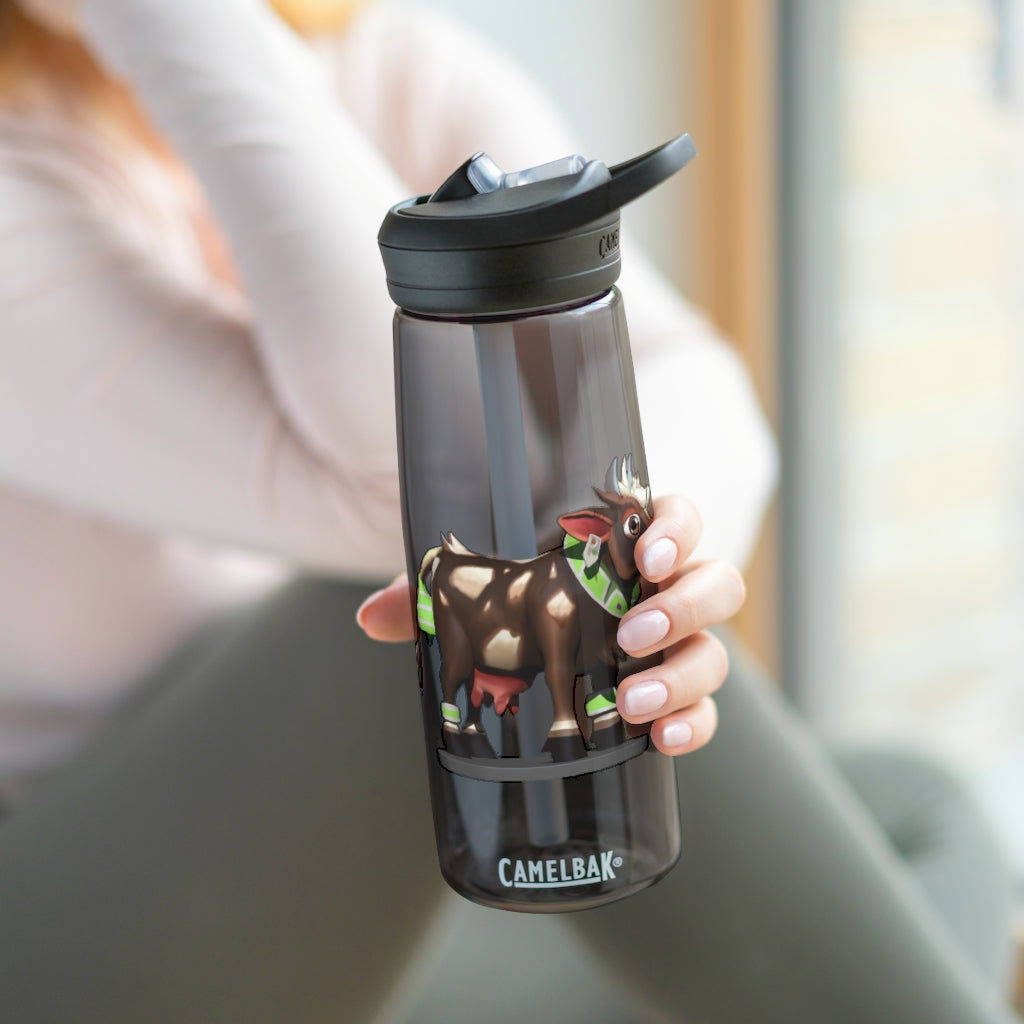 Dark Brown Cow CamelBak Eddy® Water Bottle in 20oz and 25oz sizes, showcasing its durable design and spill-proof features.